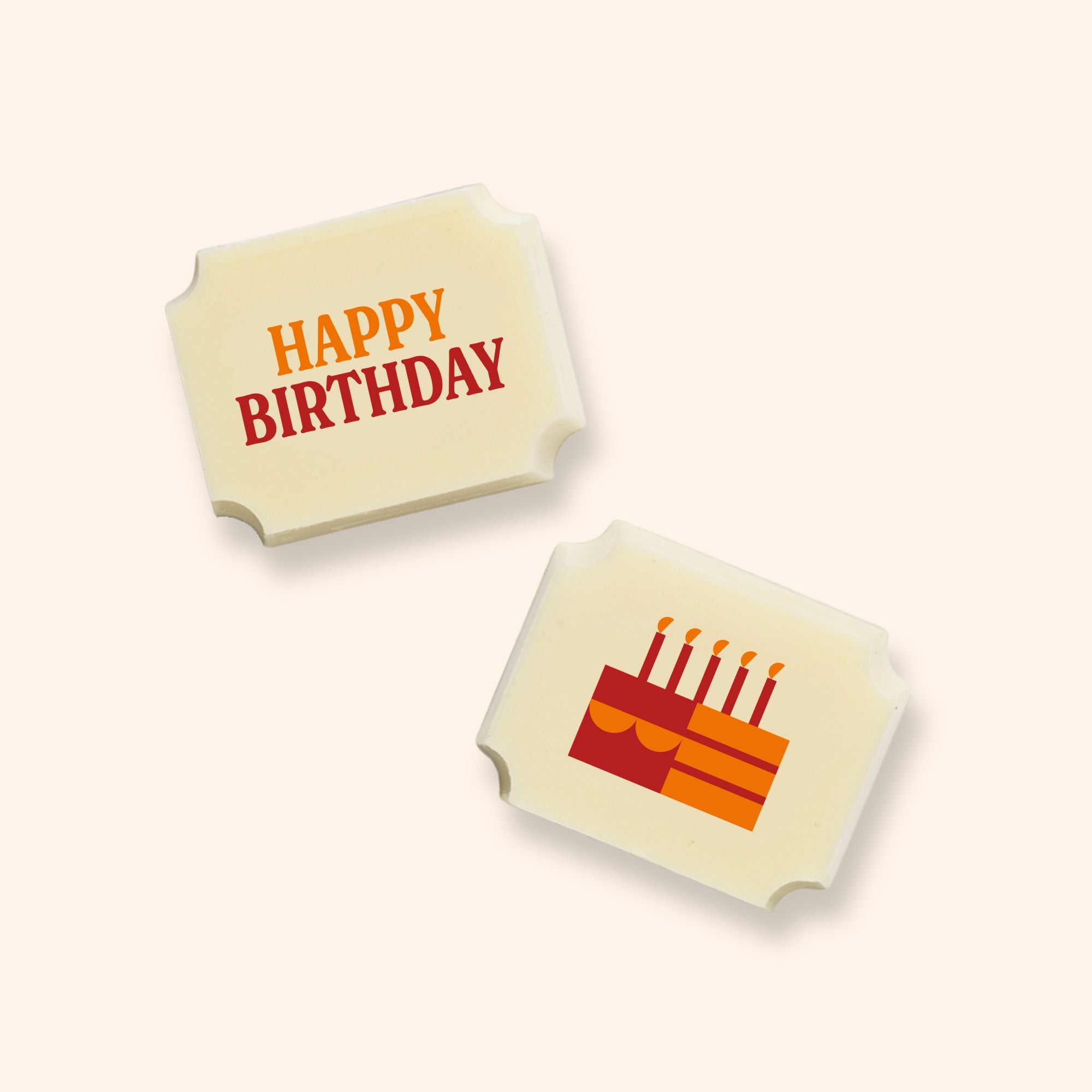Two luxury white chocolates with a Happy Birthday message