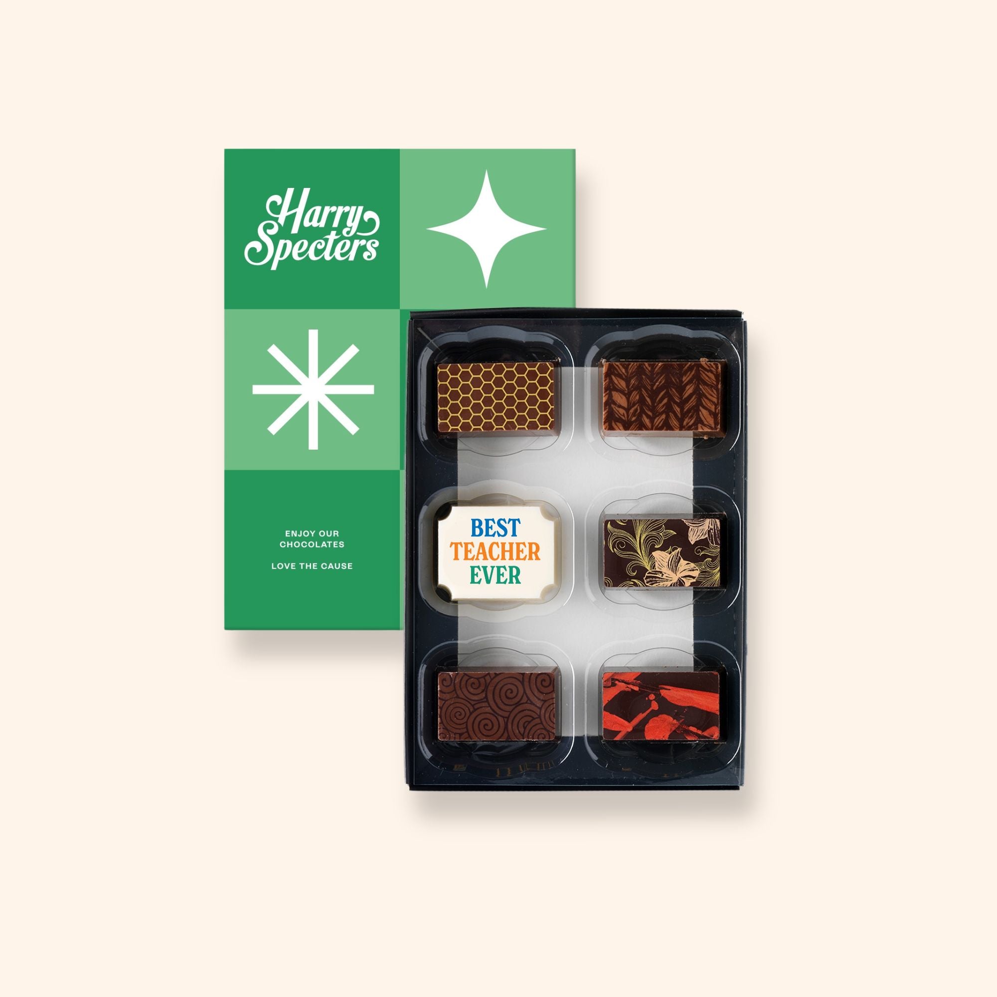 A box of 6 artisan chocolates colourfully decorated and featuring one Teacher gift themed design