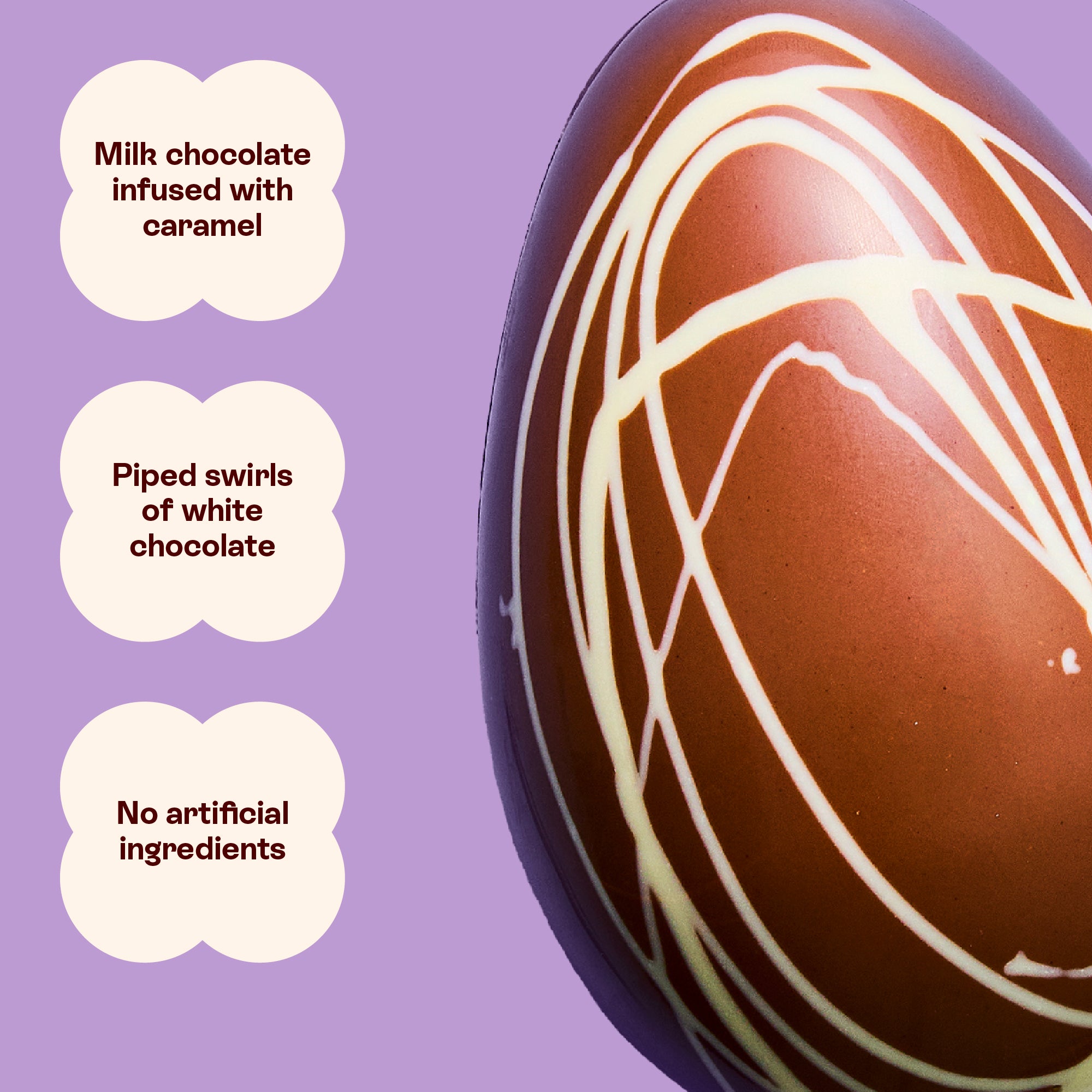 Caramel Easter Egg, caramel milk chocolate decorated with white chocolate swirls, nothing artificial