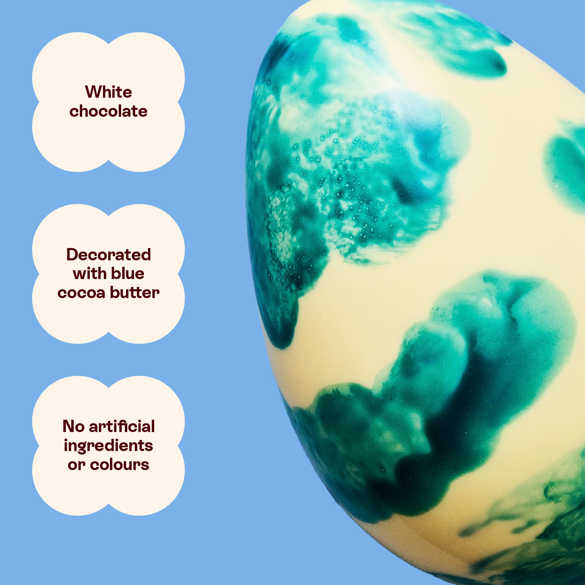 Eggism Easter Egg, white chocolate decorated with blue cocoa butter, nothing artificial