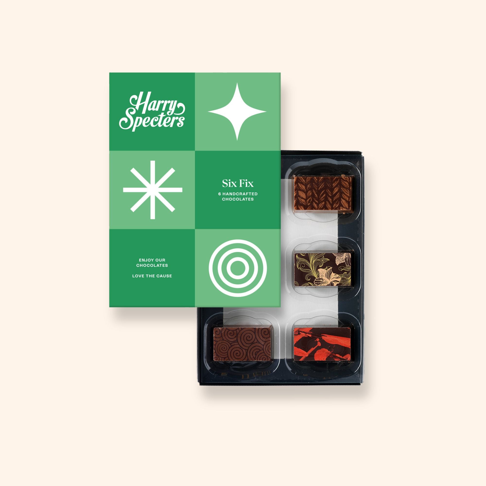 A box of 6 artisan chocolates by Harry Specters including Teachers gift themed designs partially covered by a box lid