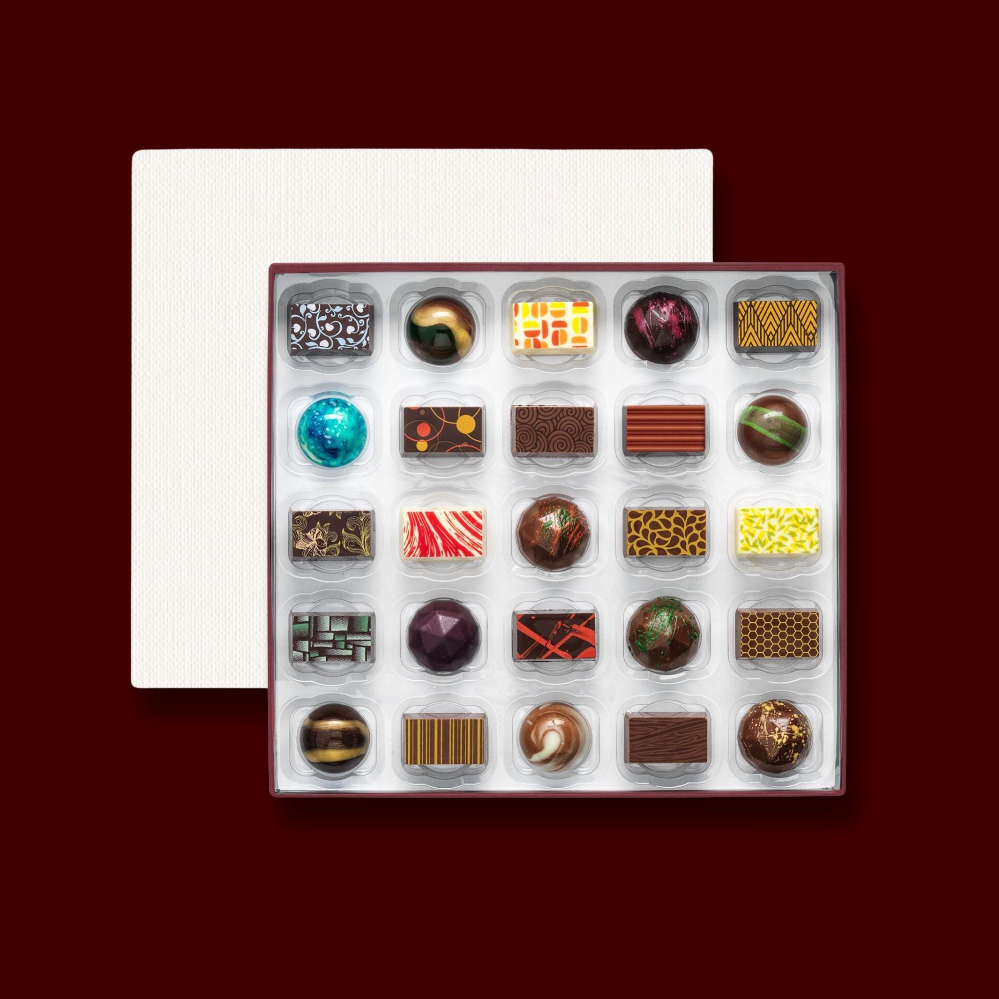 A box of 25 luxury chocolates hand-crafted by artisan chocolatiers