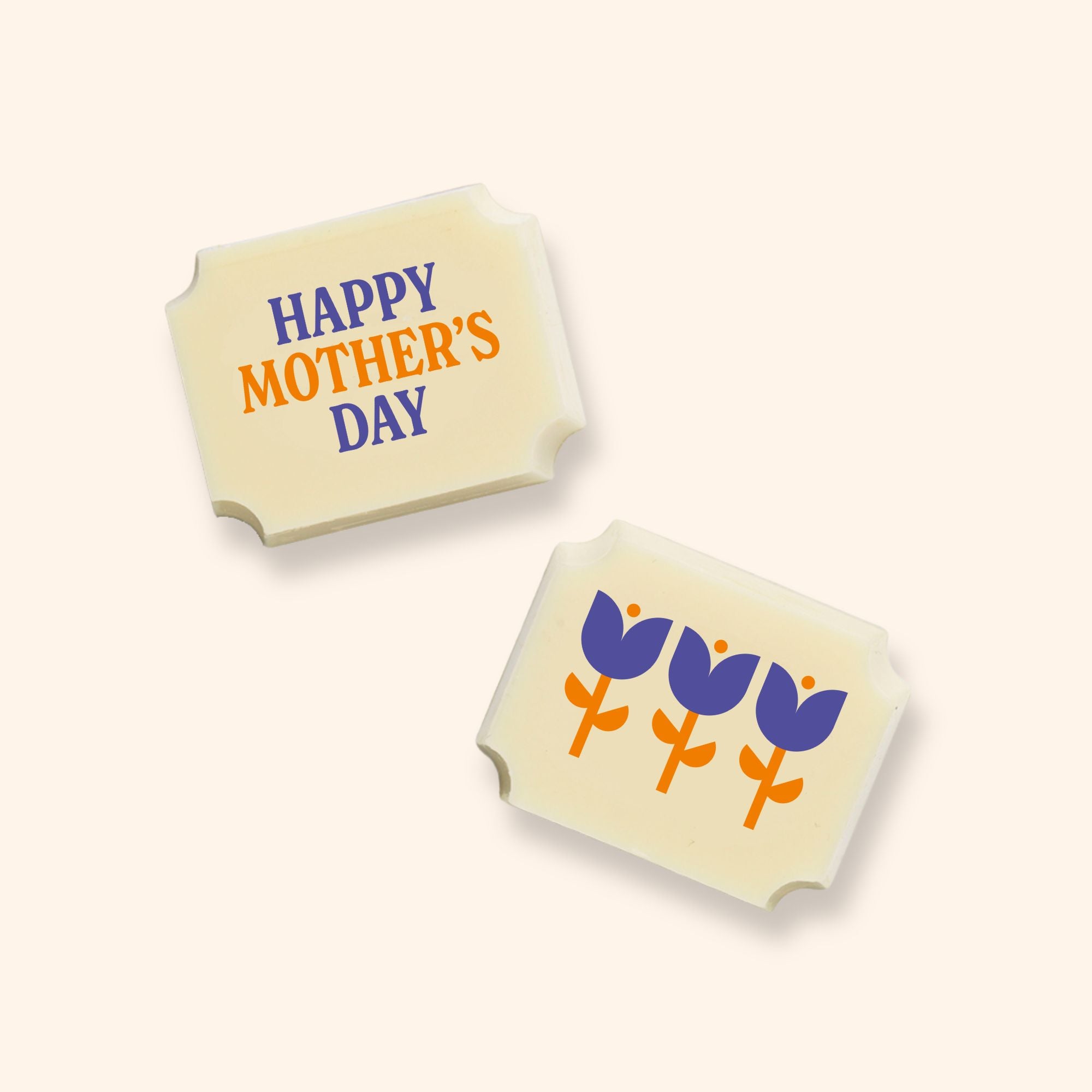 Two luxury white chocolates with a Happy Mother's Day message