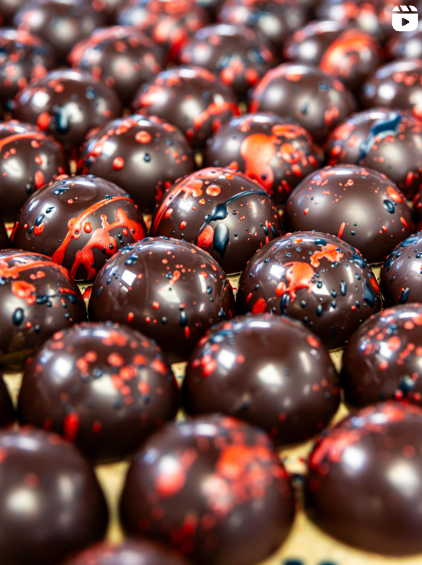 A close up of premium chocolates decorated by hand