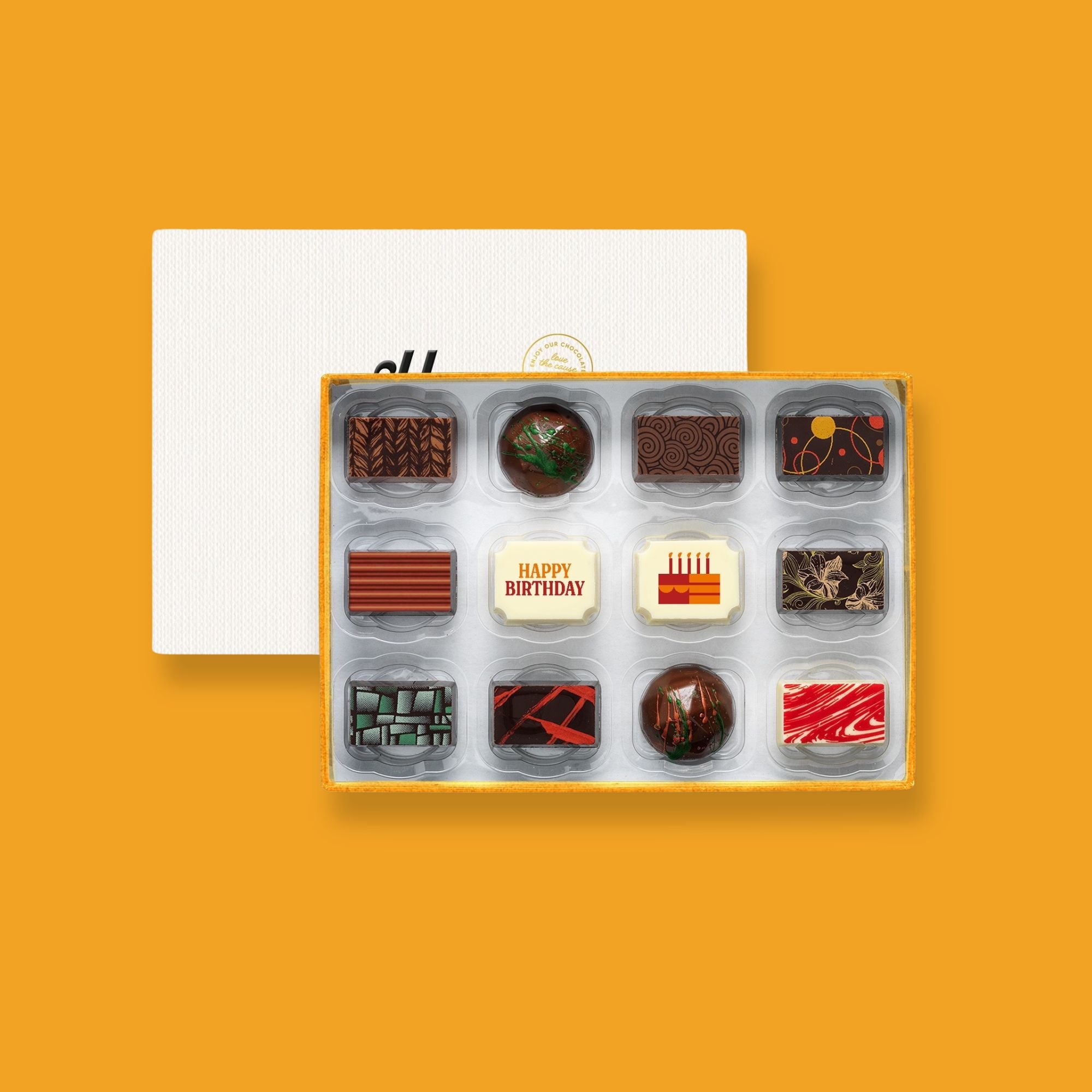 A box of 12 artisan chocolates colourfully decorated and featuring two Birthday themed designs
