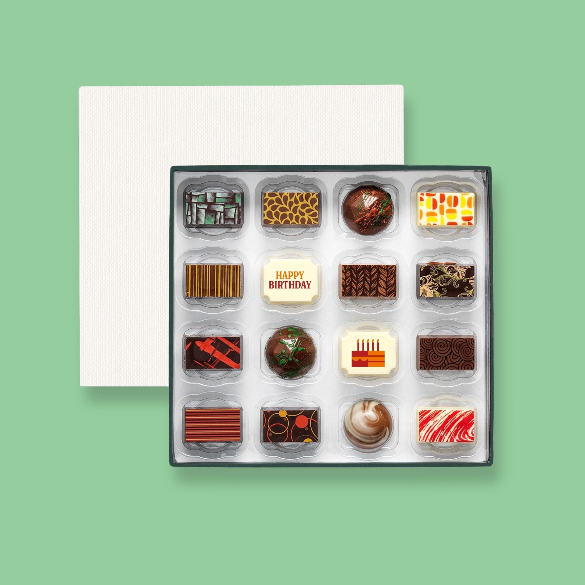 A box of 16 artisan chocolates colourfully decorated and featuring two Birthday themed designs