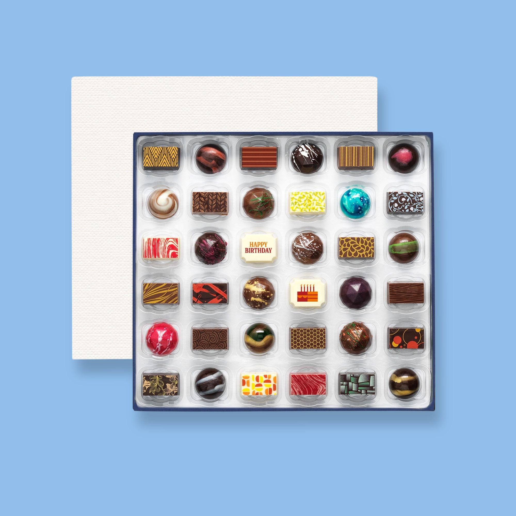 A box of 36 artisan chocolates colourfully decorated and featuring two Birthday themed designs