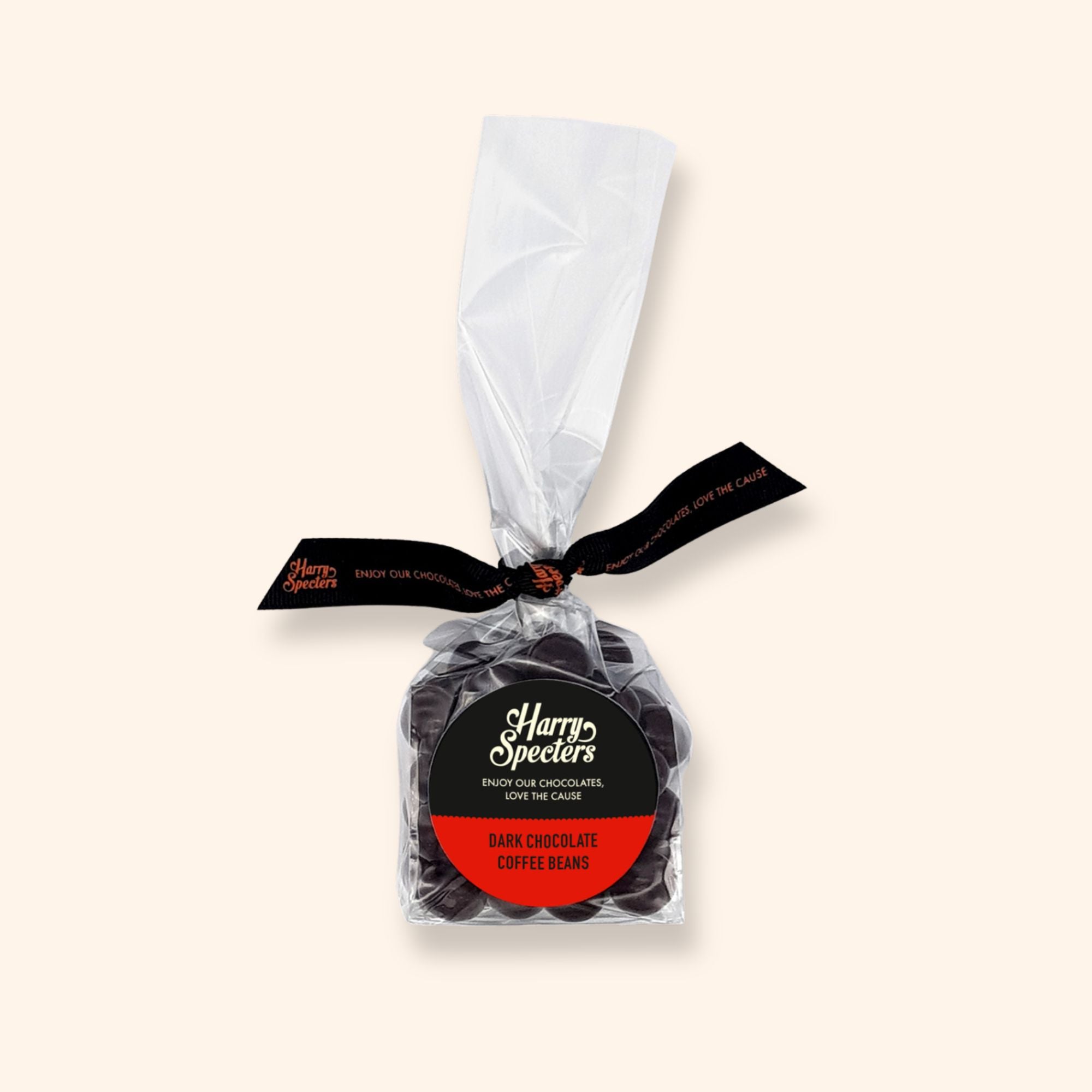 A bag of dark chocolate covered coffee beans