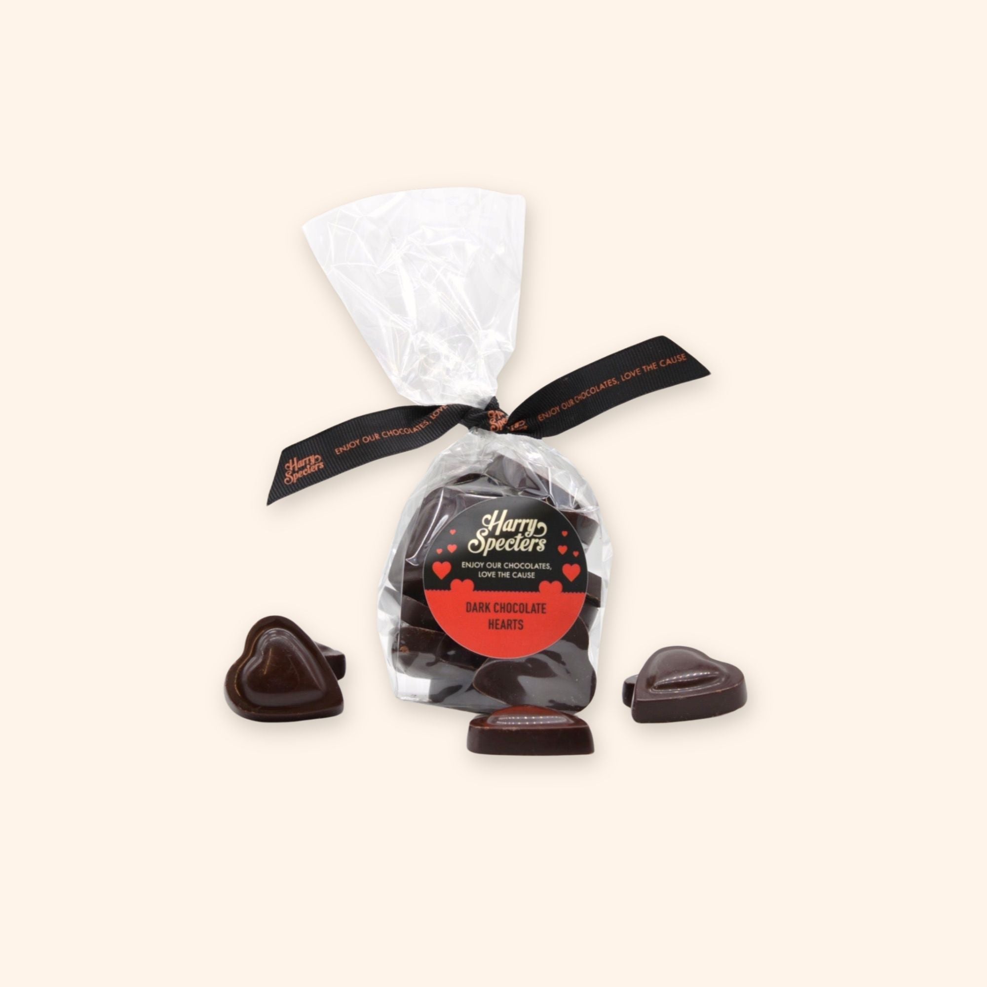 A bag of vegan dark chocolate heart shapes