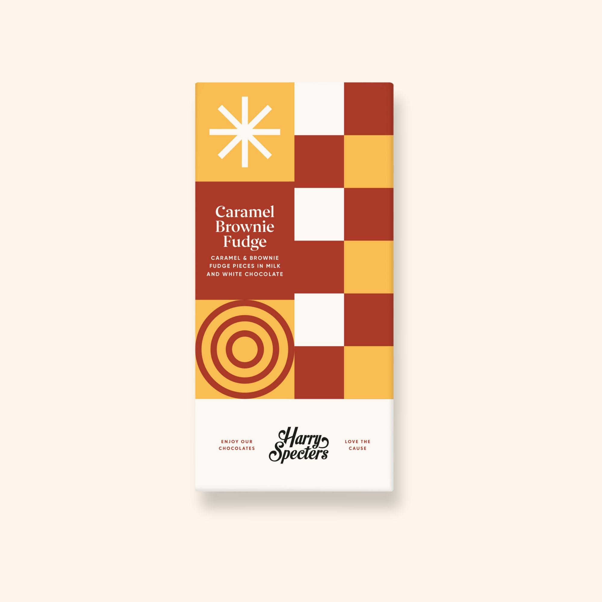 A milk chocolate Caramel & Brownie bar in colourful packaging showing the name Harry Specters