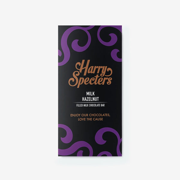 A milk chocolate hazelnut bar in colourful packaging showing the name Harry Specters