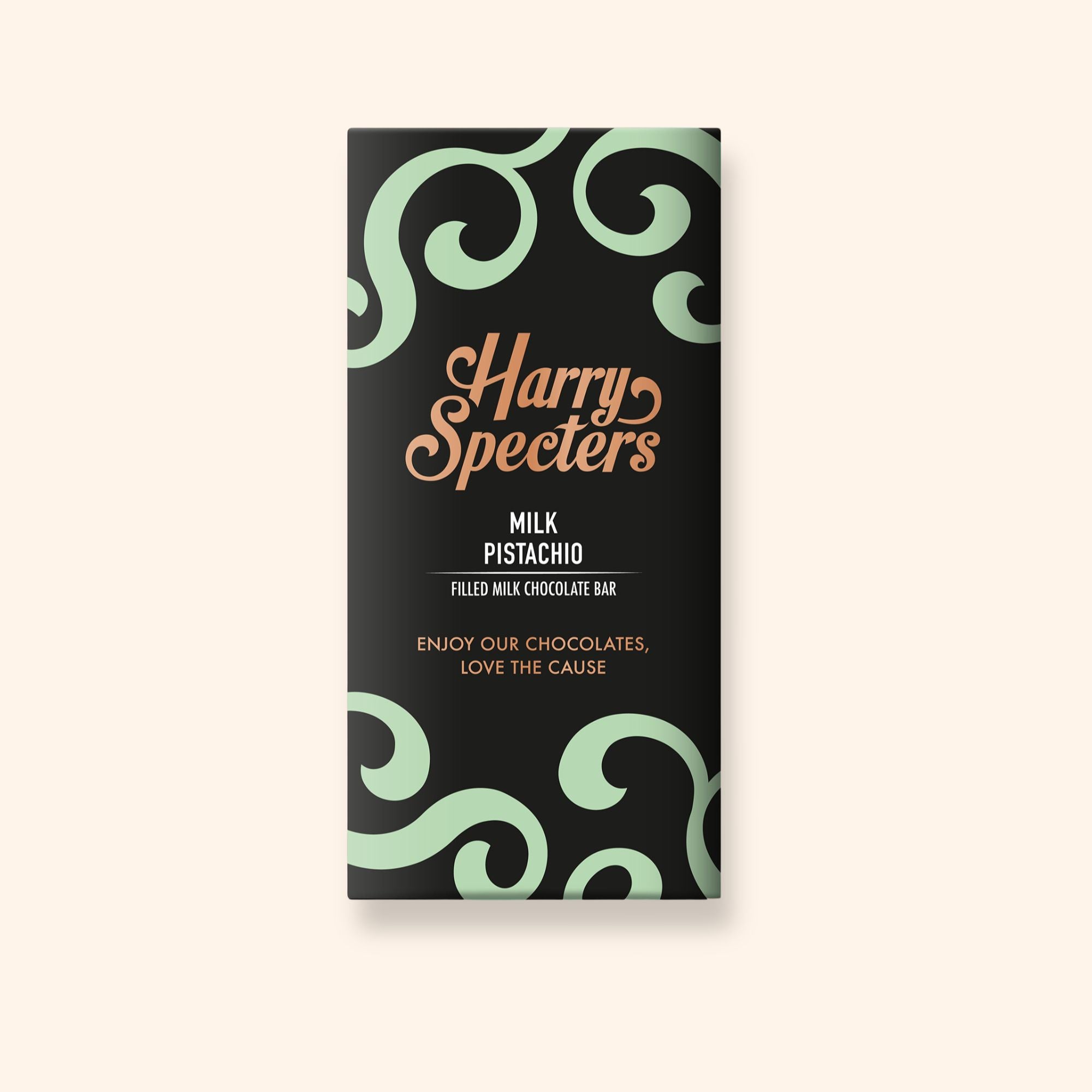 A milk chocolate pistachio bar in colourful packaging showing the name Harry Specters
