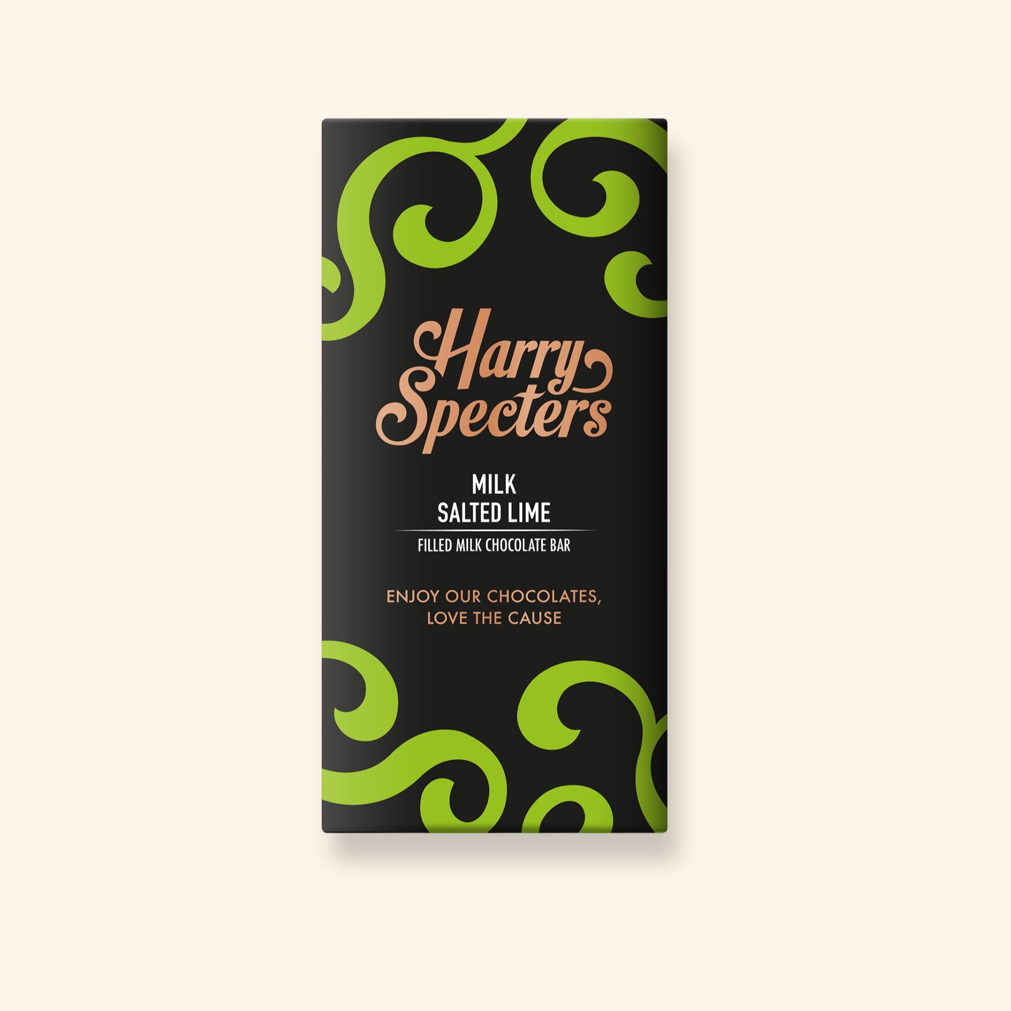 A milk chocolate salted lime caramel bar in colourful packaging showing the name Harry Specters