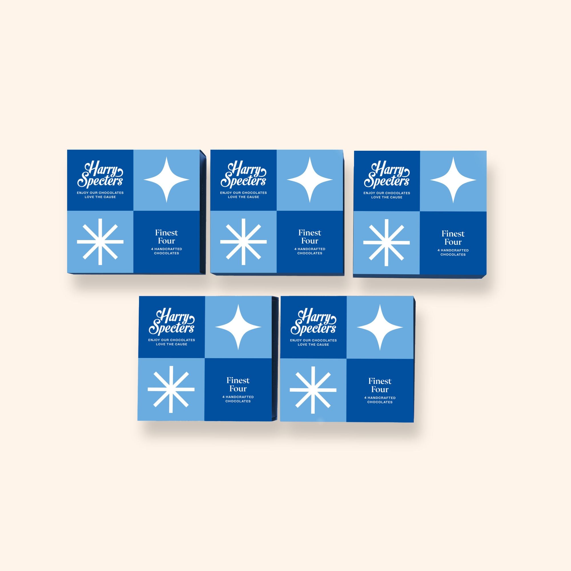 a group of 6 Finest Four chocolate boxes covered by lids showing the name Harry Specters