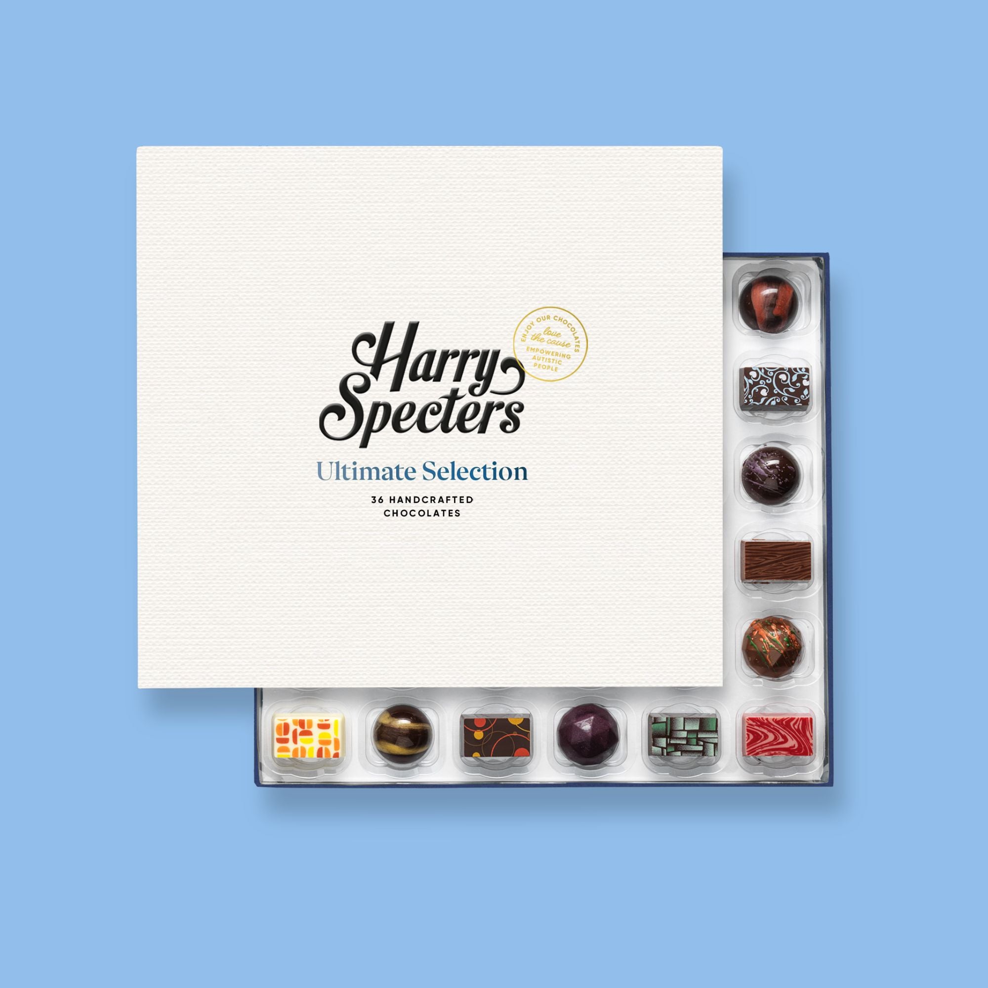 A box of 36 artisan chocolates by Harry Specters partially covered by a box lid
