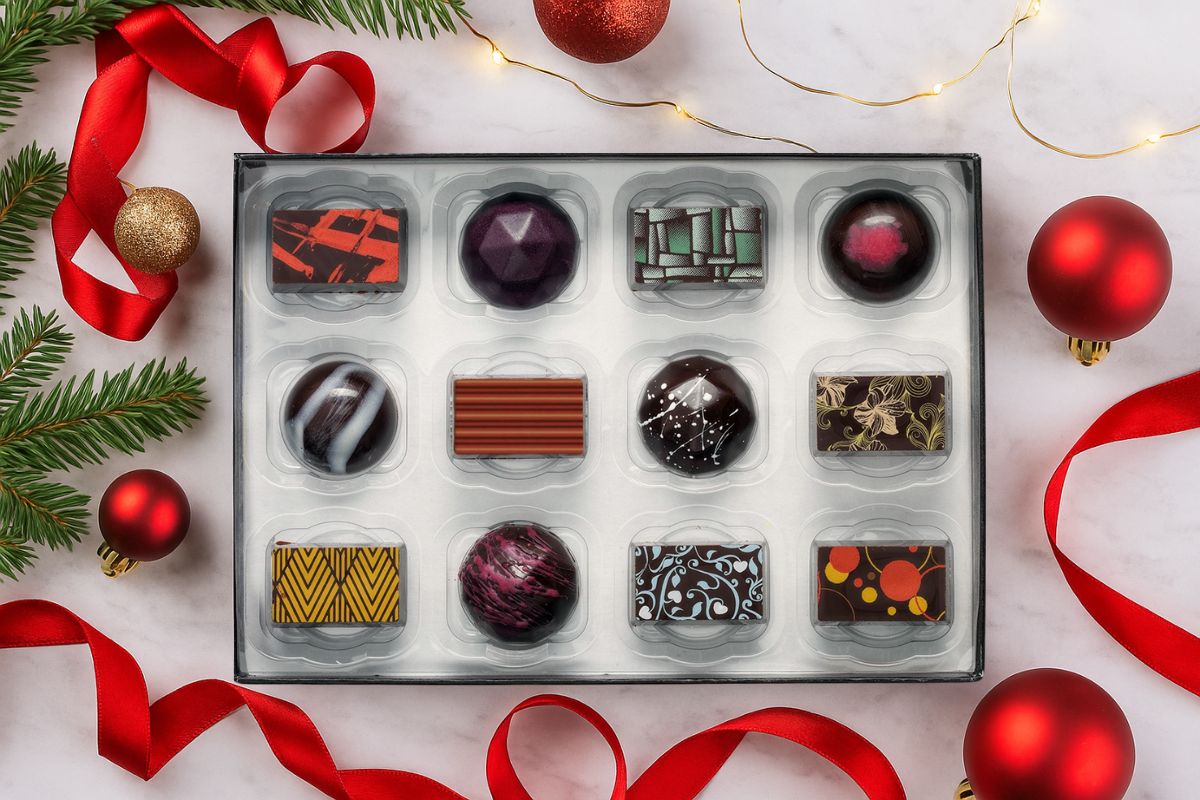 A box of artisan chocolates surrounded by Christmas decorations such as baubles and fairy lights.