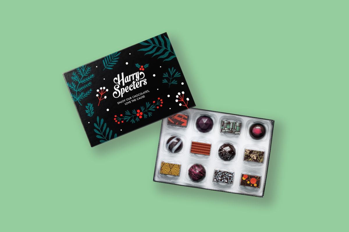 Harry Specters premium chocolate box with a green background