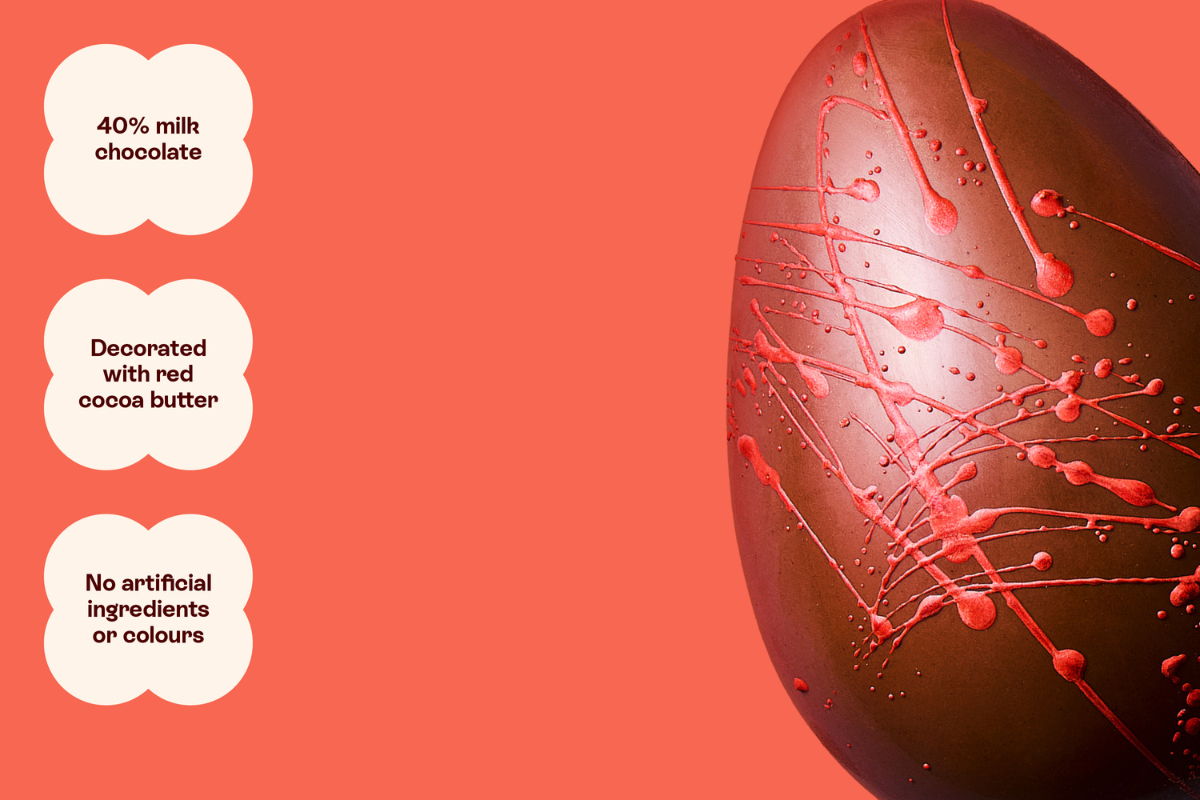 A milk chocolate Easter egg decorated with red speckles