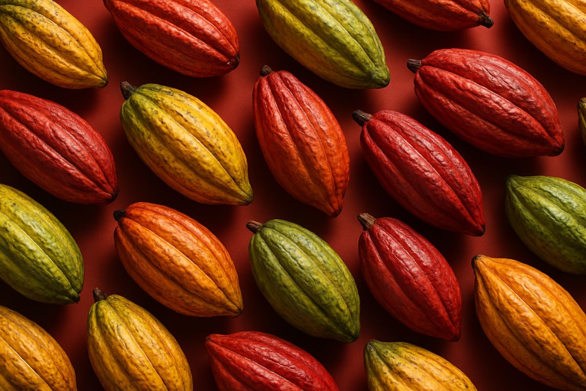 A group of vibrant cocoa pods