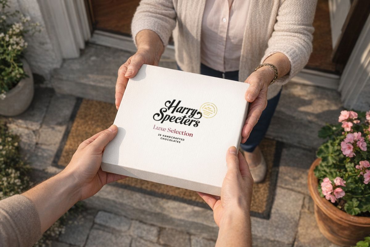 A box of Harry Specters chocolates being gifted from one person to another 