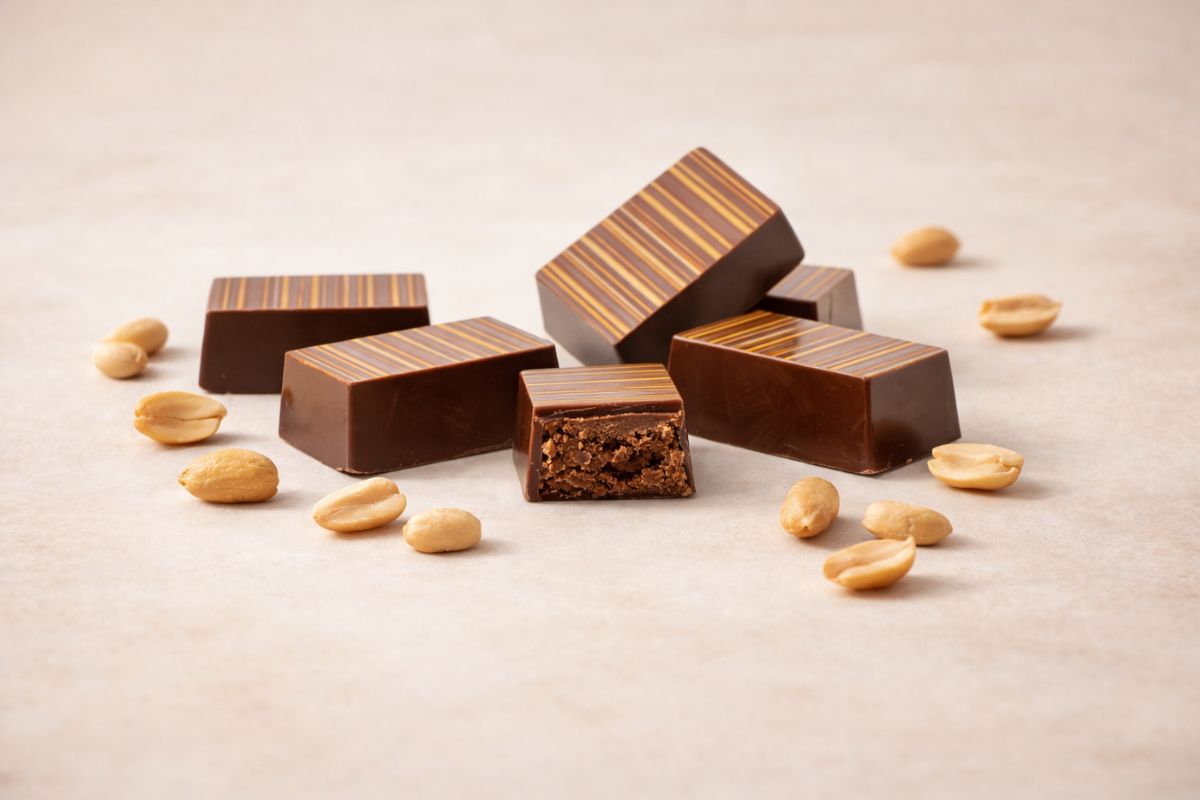 Luxury chocolate pralines with peanuts on a light background