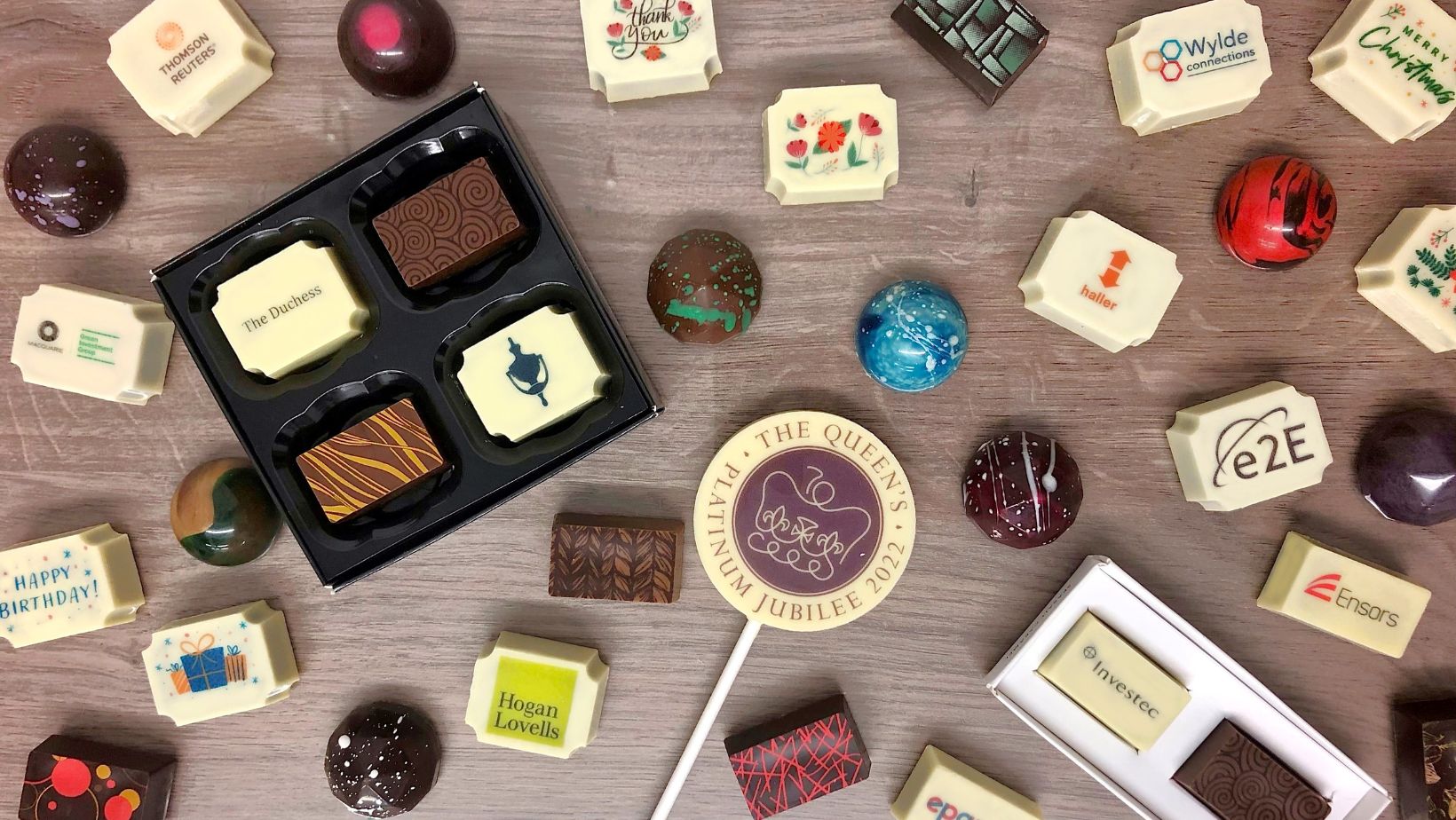 A selection of personalised chocolates and chocolate boxes