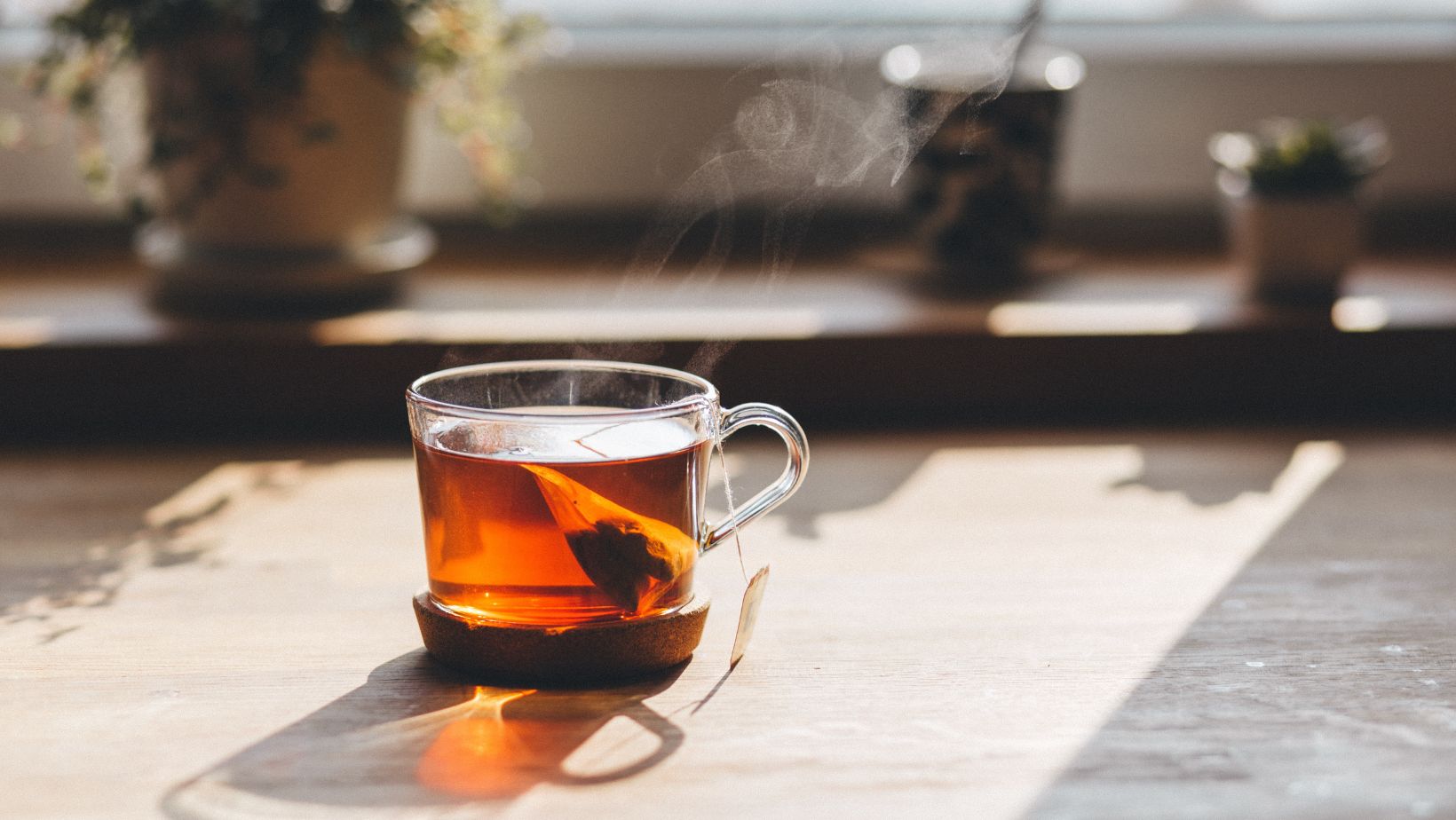 A cup of tea brewing on a table with plants and sunlight in the background