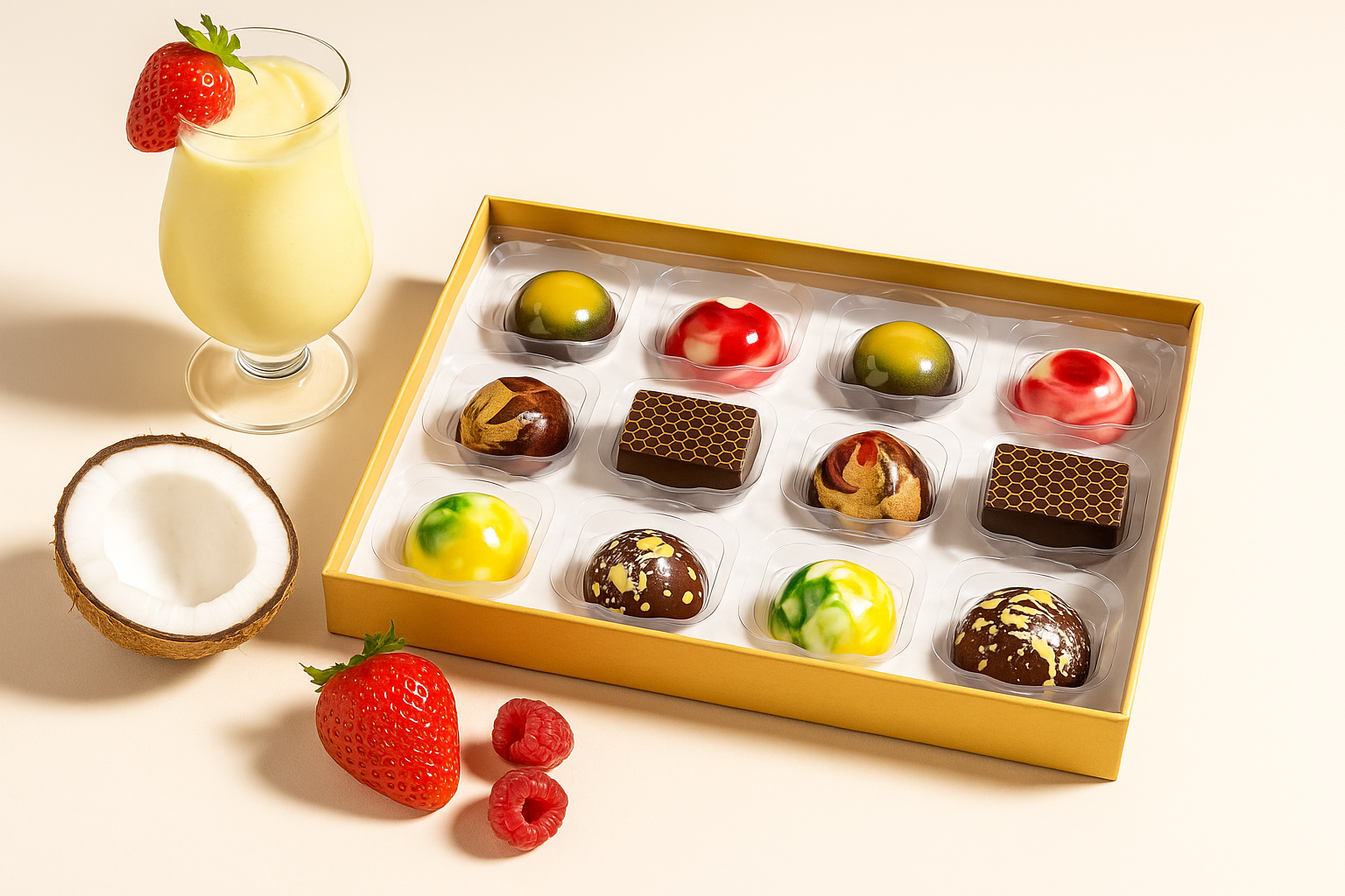 Box of luxury chocolates with a glass of milkshake and fruits on a light background