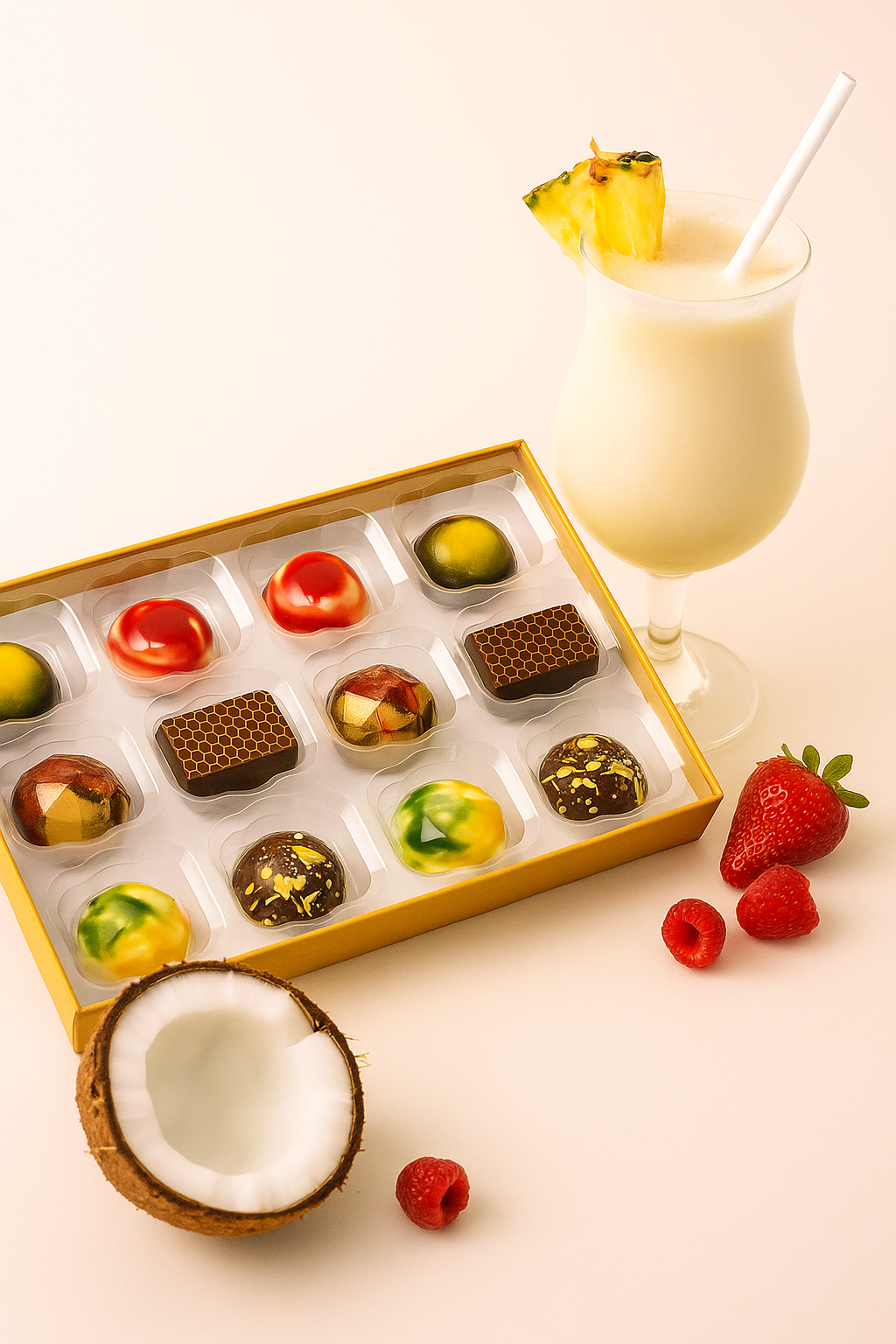 Assorted premium chocolates in a box with a glass of creamy drink and fruits on a light background