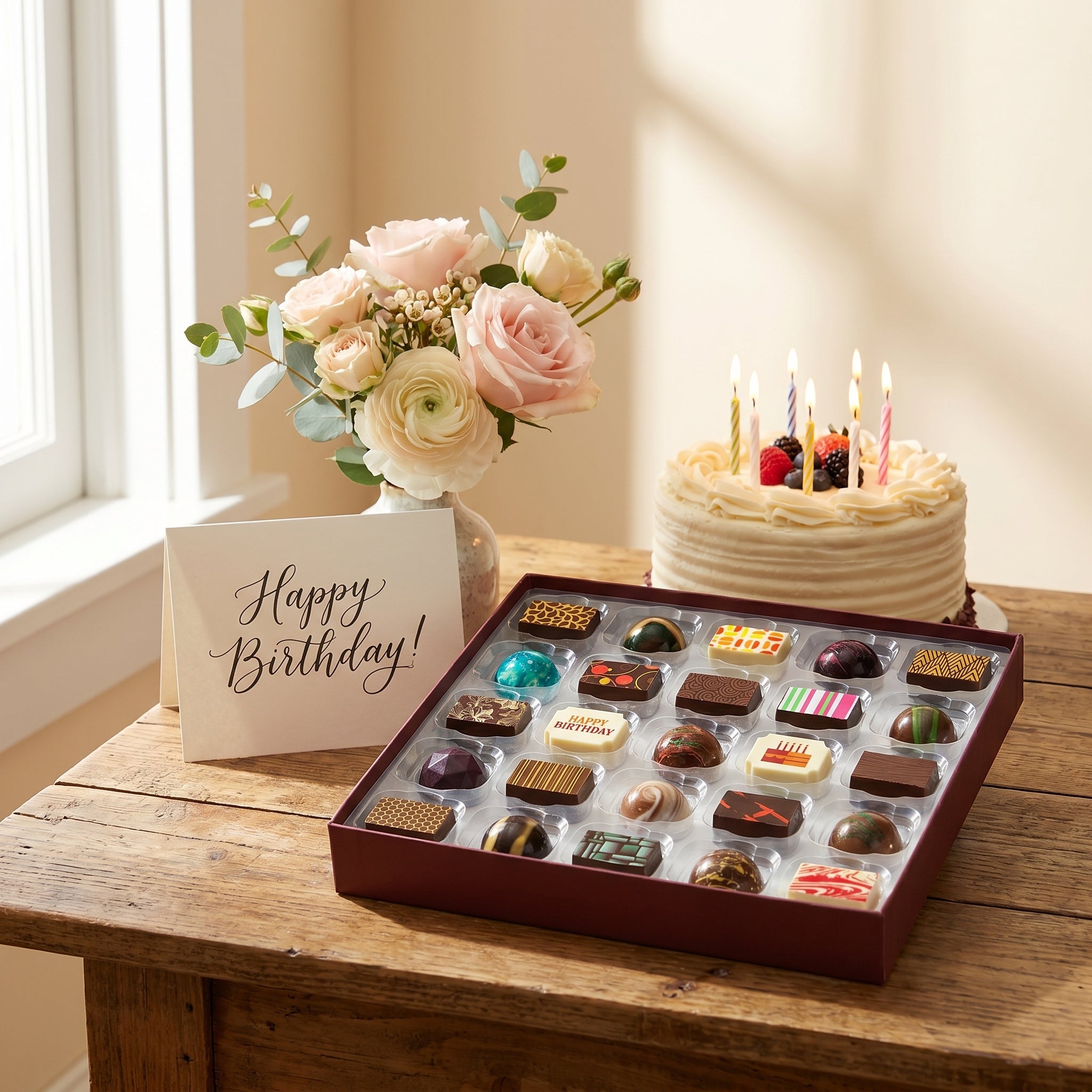Birthday arrangement with chocolates, flowers, and a cake on a wooden table.