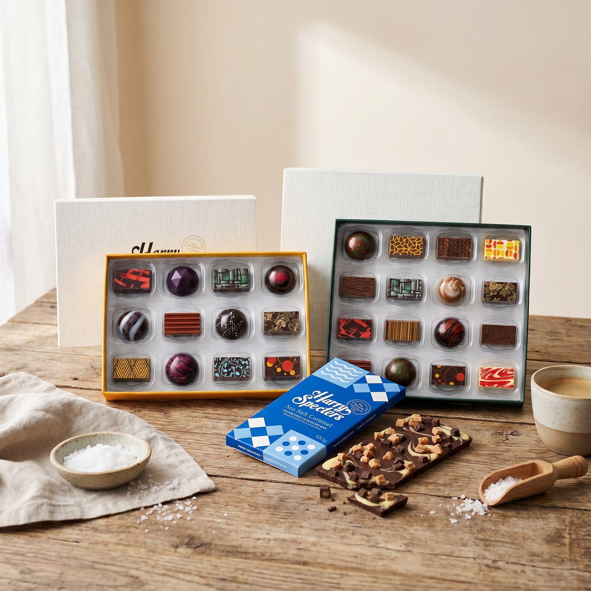 Assorted chocolates on a wooden table with a neutral background
