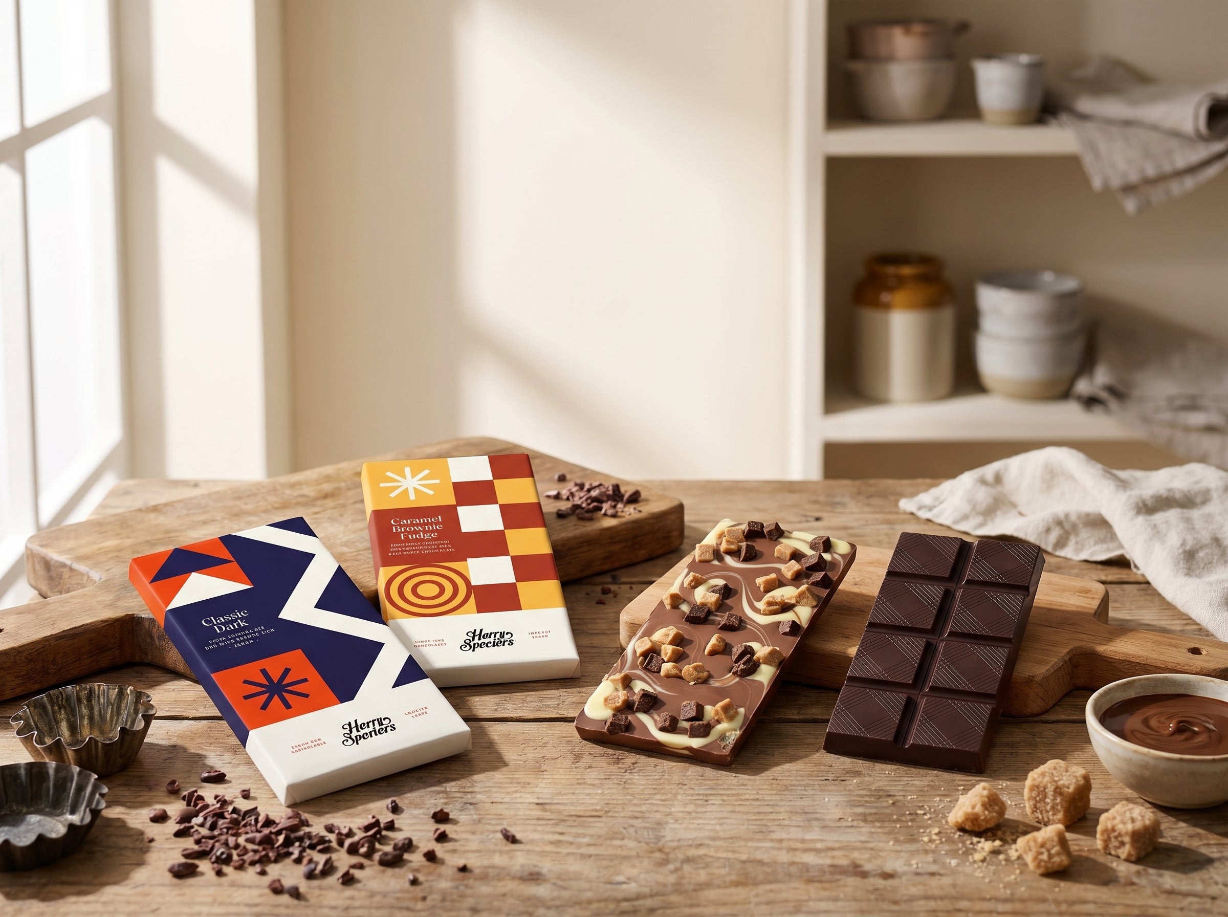 Two bars of Harry Specters chocolate next to their packaging on a wooden table