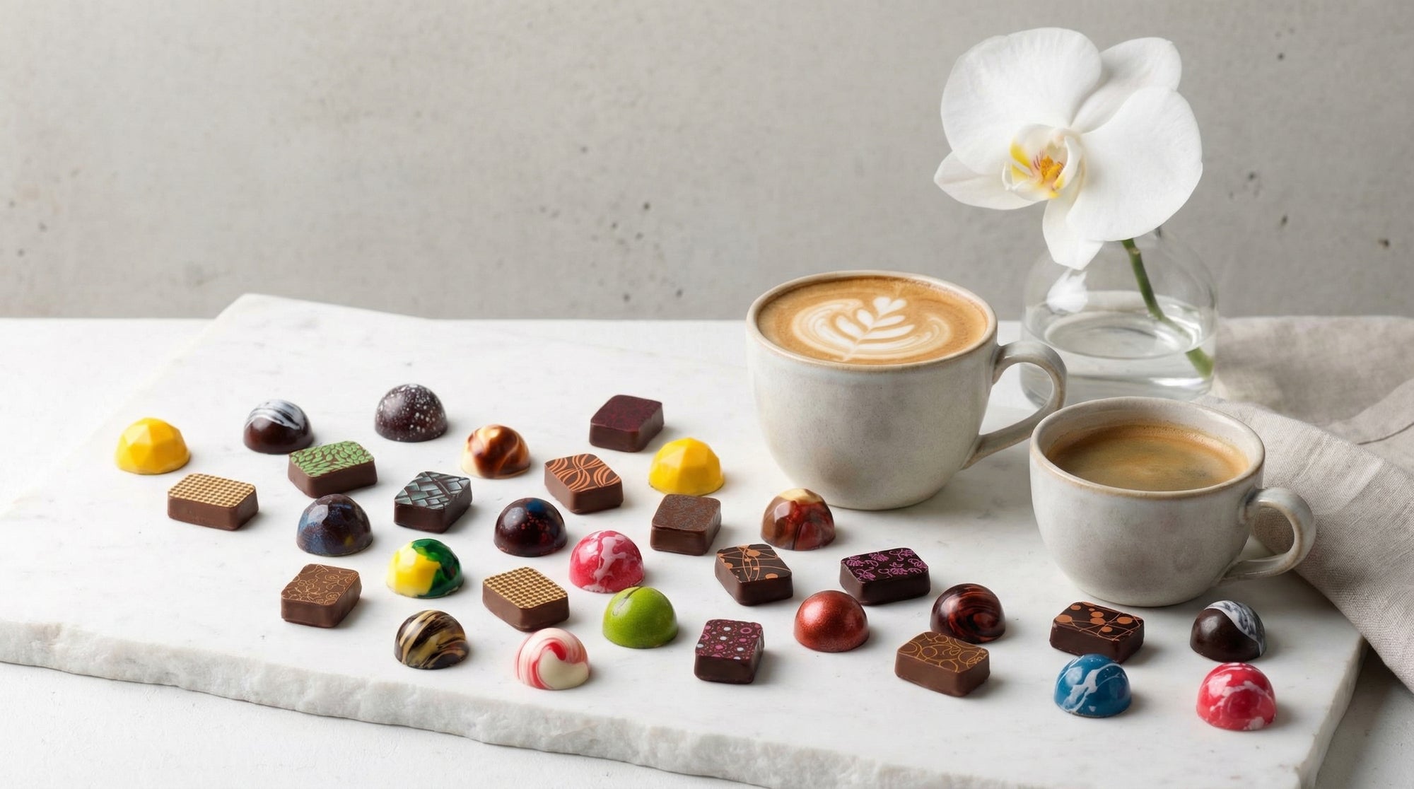 A close up image showing a selection of hand-painted artisan chocolates next to a flower and two cups of coffee on a white marble background