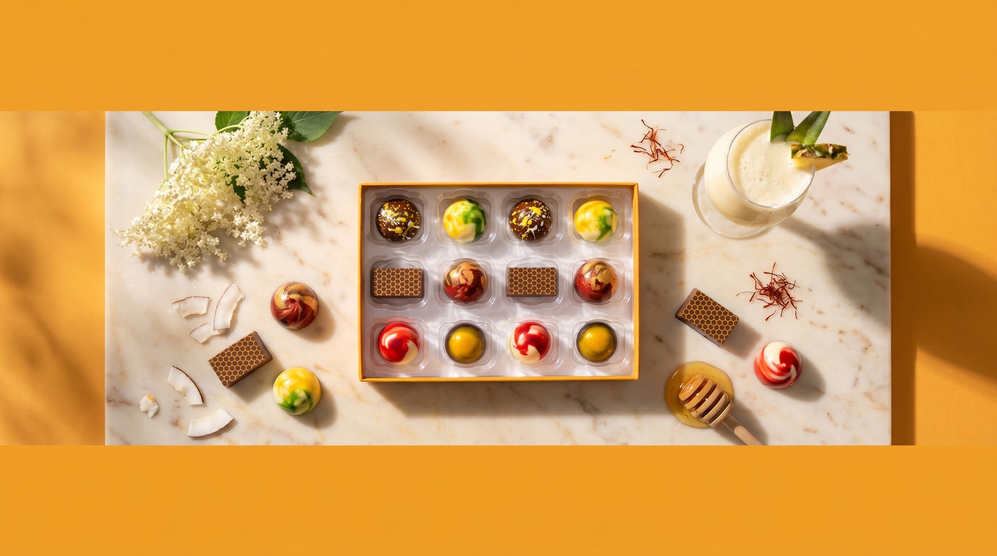 Assorted chocolates in a box on a marble surface with flowers and a glass of pina colada.