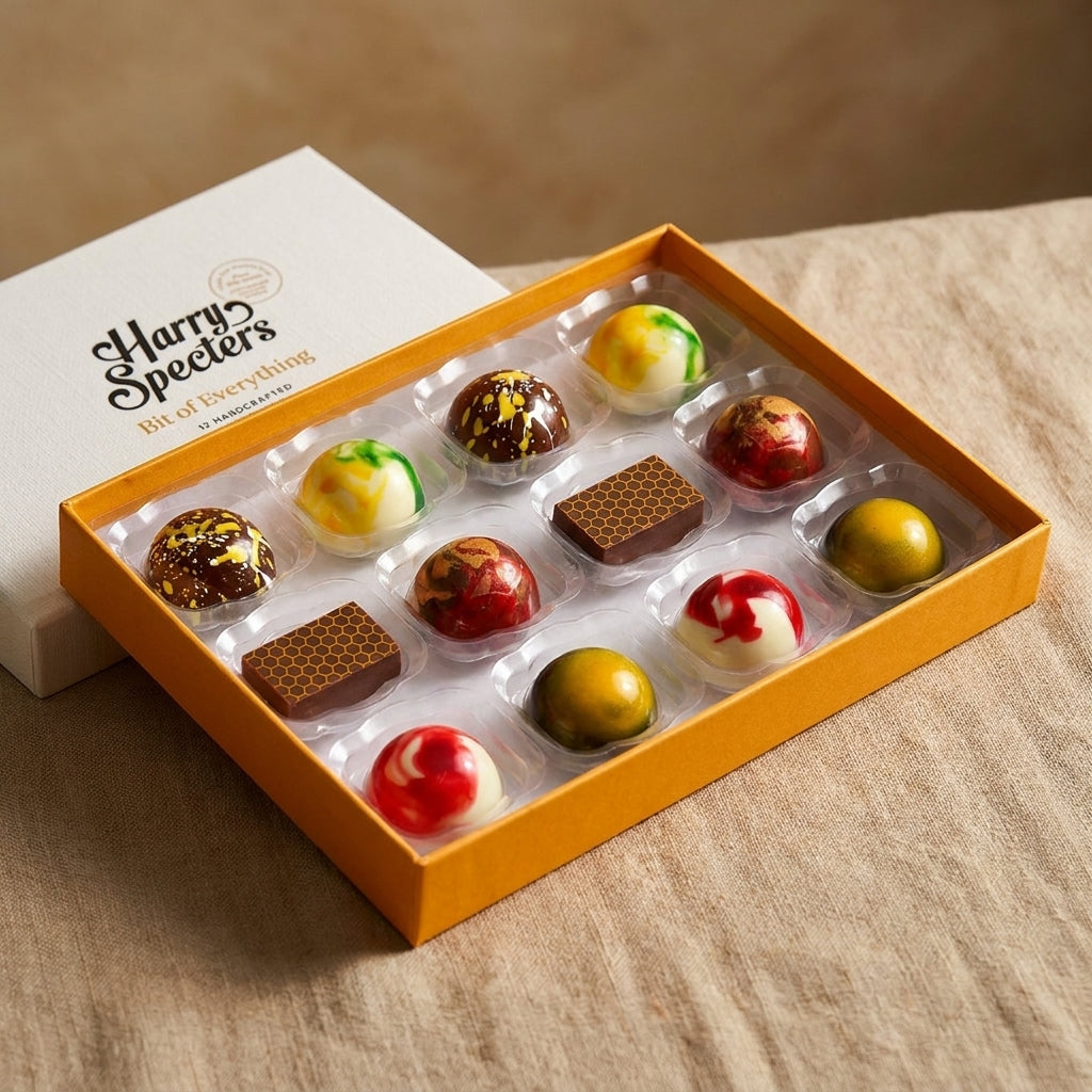 A box of artisan chocolates on a natural linen background