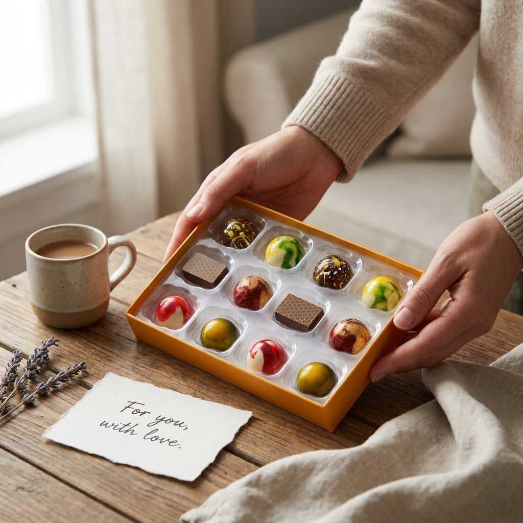 Person holding a box of chocolates with a cup of coffee and a note on a wooden table.