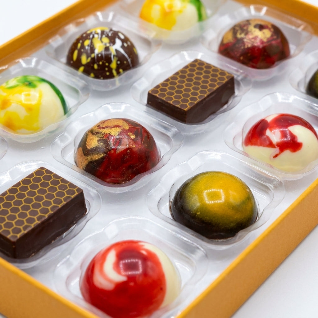 A close up of a box of artisan chocolates on a white background