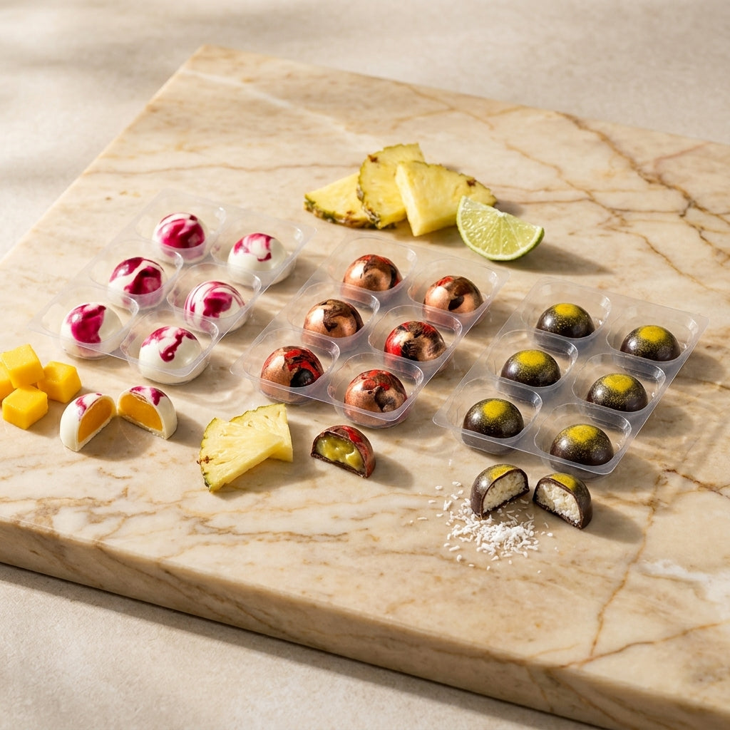 Assorted chocolates on a marble surface with pineapple slices and lime wedges.