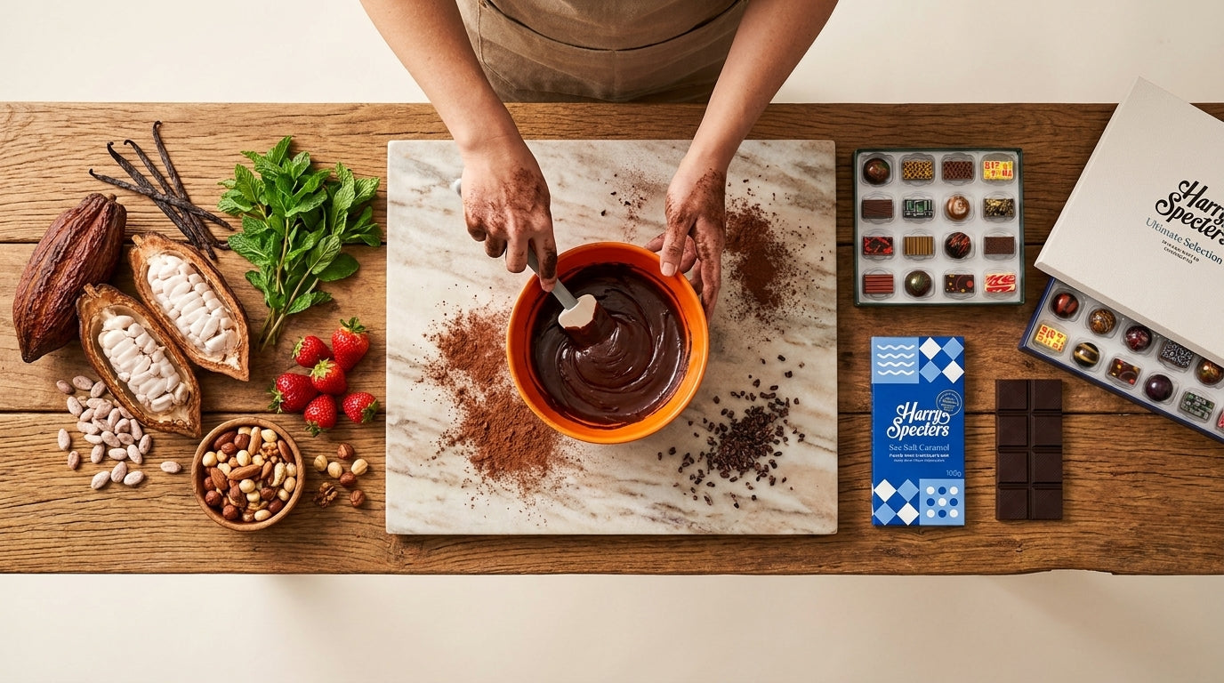 Harry Specters chocolate making — cocoa pods, ganache and finished chocolates