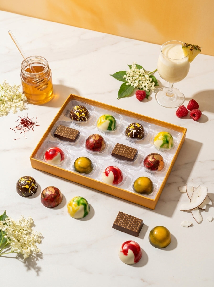 Assorted chocolates in a box with a glass of pina colada and honey on a light surface.