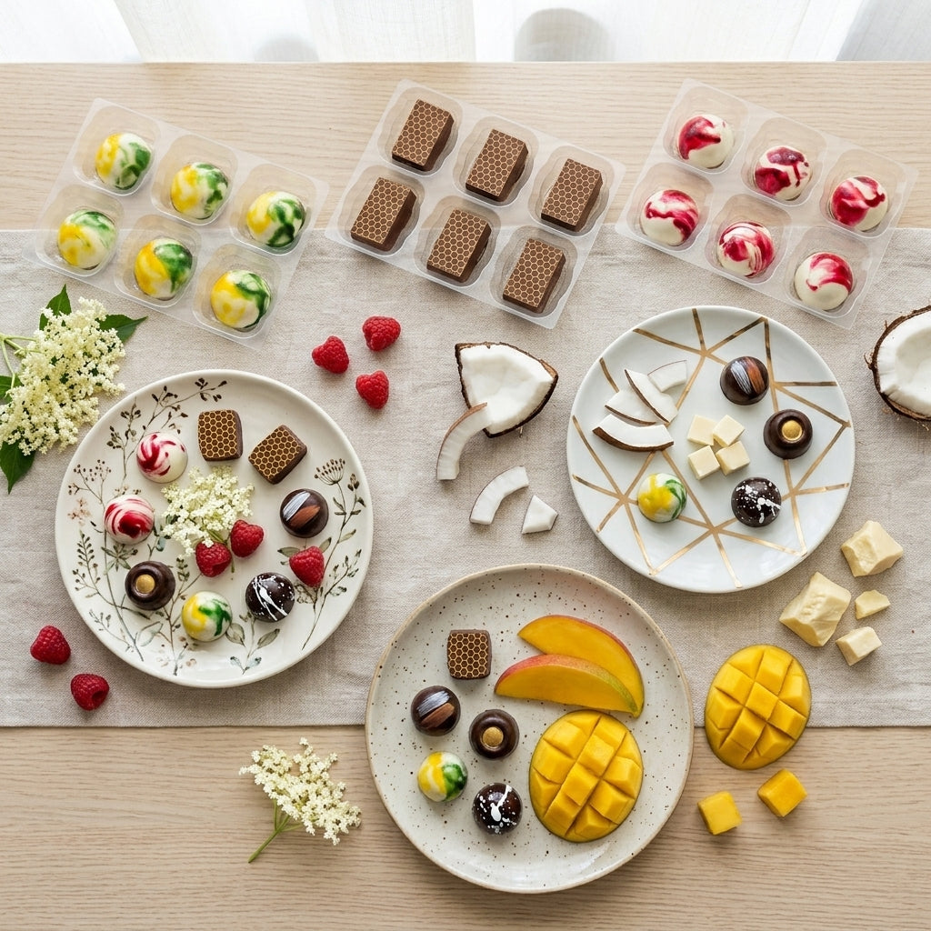 Assorted chocolates, fruits, and flowers on a wooden table.