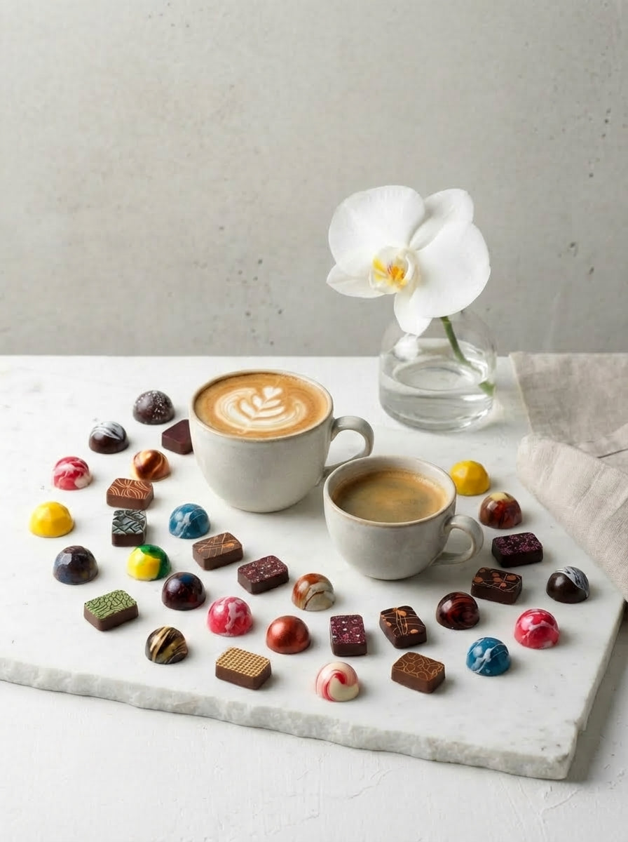 Two cups of coffee with a variety of artisan chocolates and a white orchid on a marble tray.