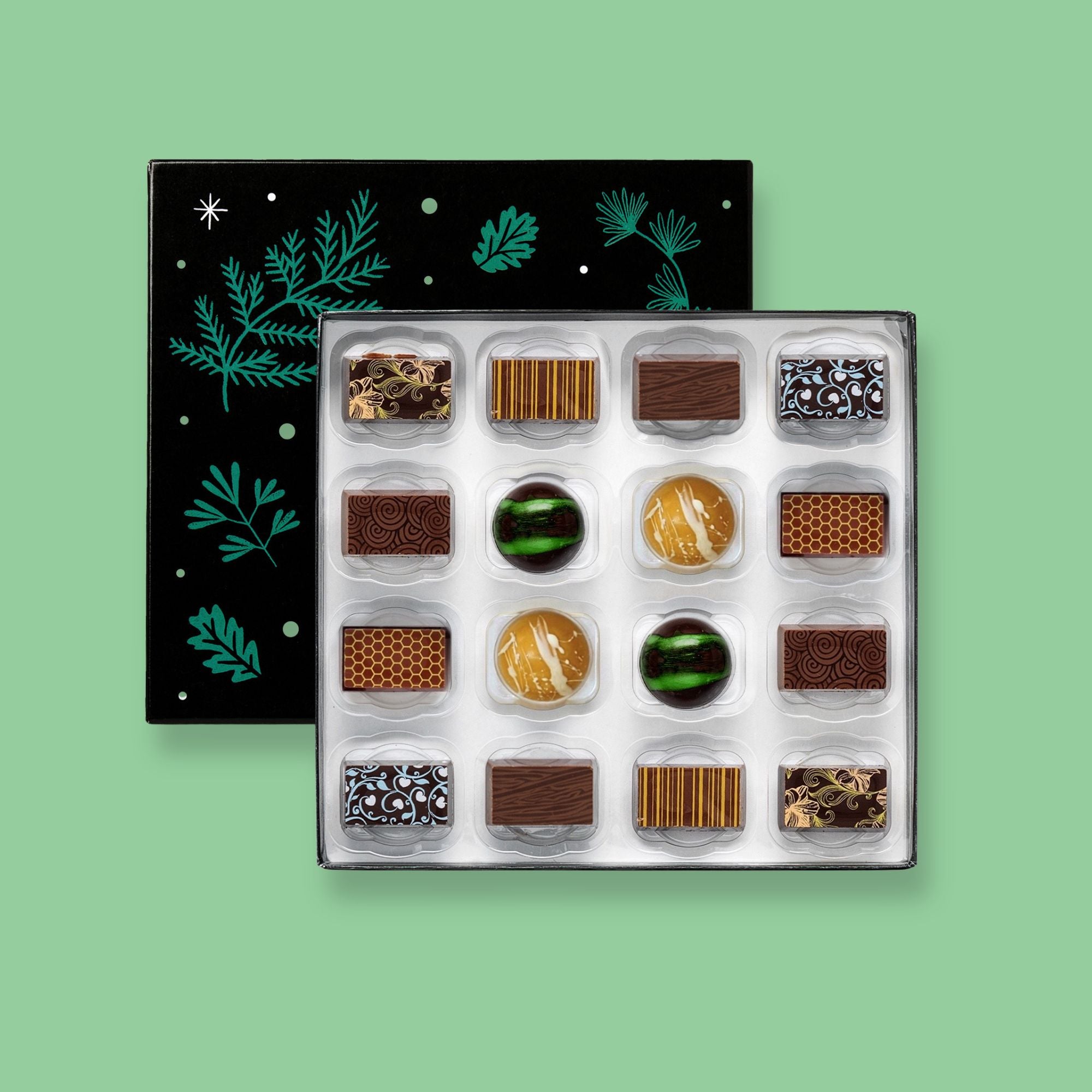 A festive box of 16 premium chocolates with Christmas Harry Specters packaging