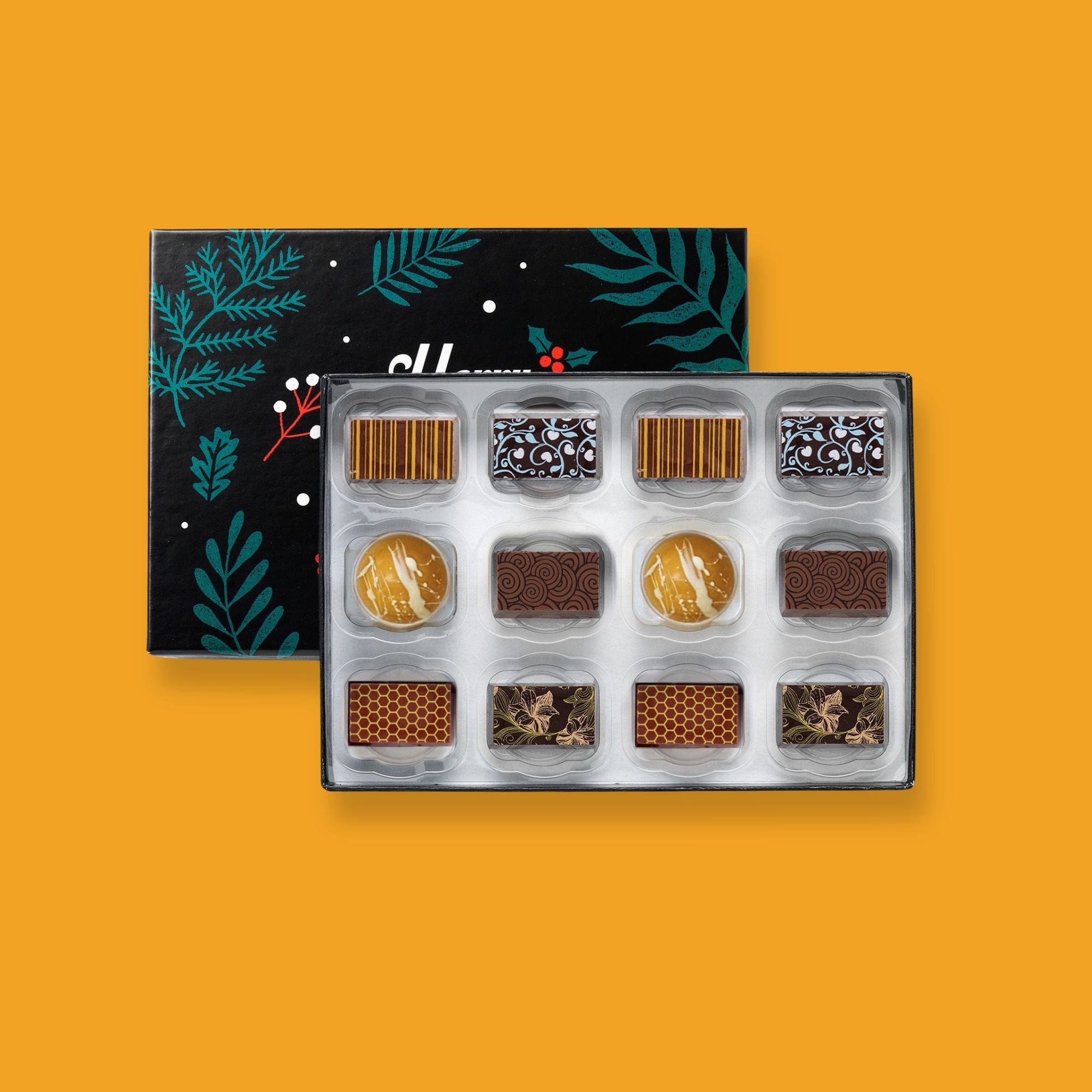 A Christmas sharing box of 12 colourfully decorated artisan chocolates 
