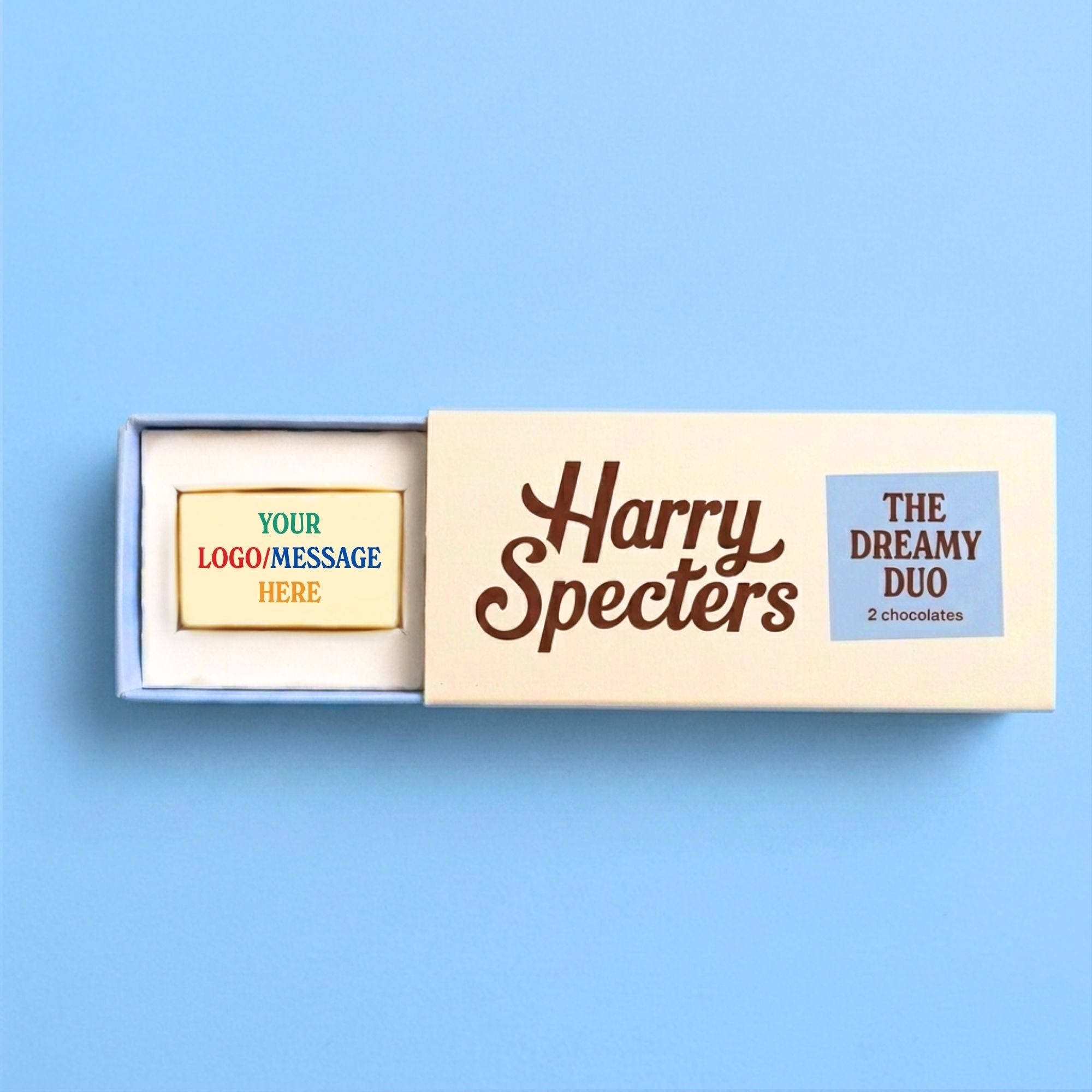 Small luxury chocolate box with 'Harry Specters' branding on a blue background