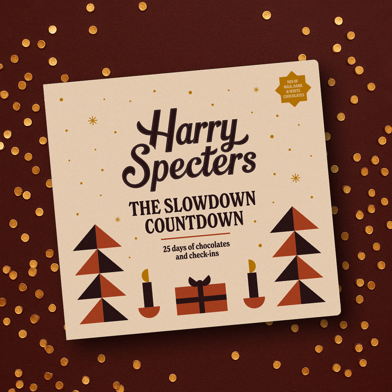 Product packaging for 'Harry Specters The Slowdown Countdown' luxury chocolate advent calendar with geometric designs on a brown background.