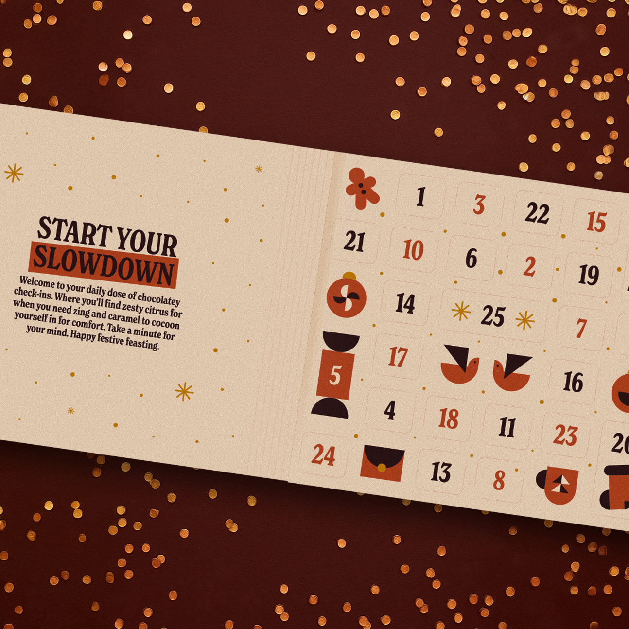 Luxury chocolate advent calendar with chocolate-themed design on a brown background with gold confetti