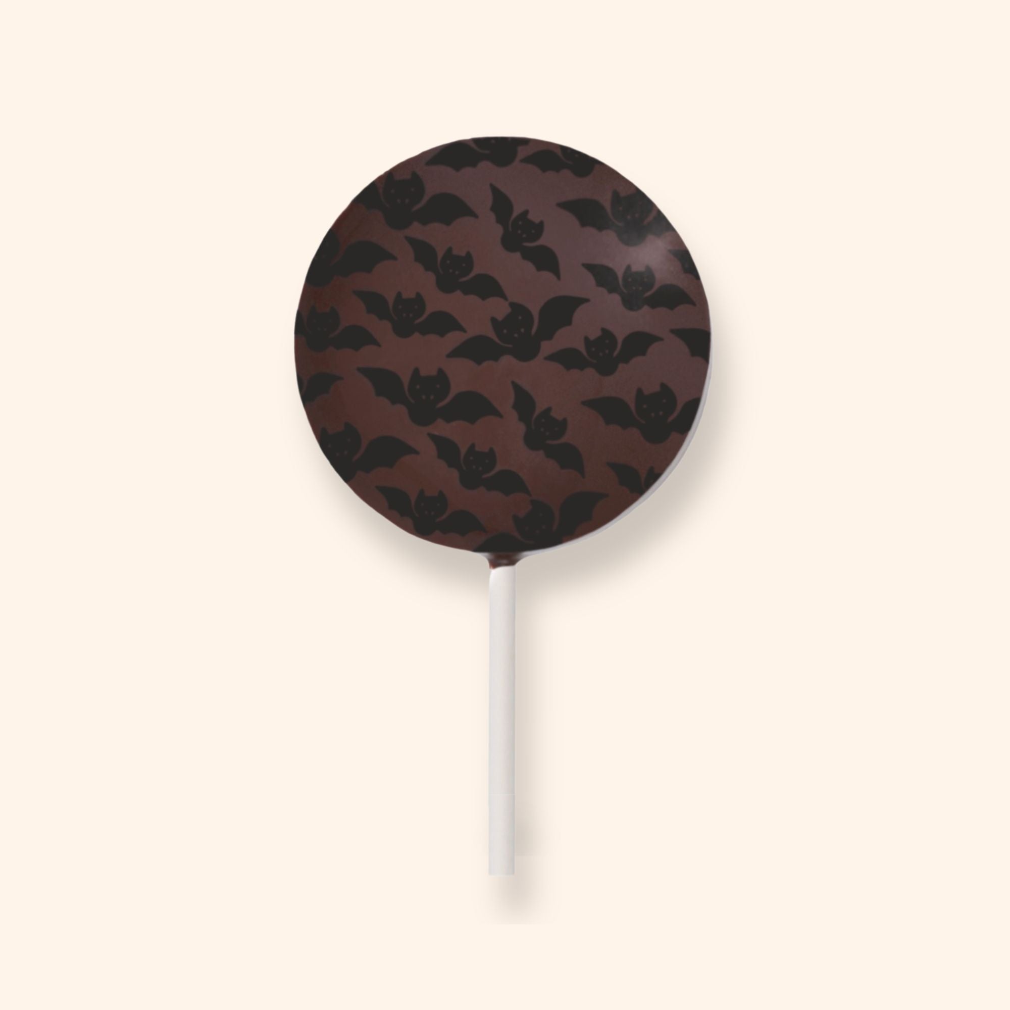 Milk chocolate lollipop with black bat pattern for Halloween