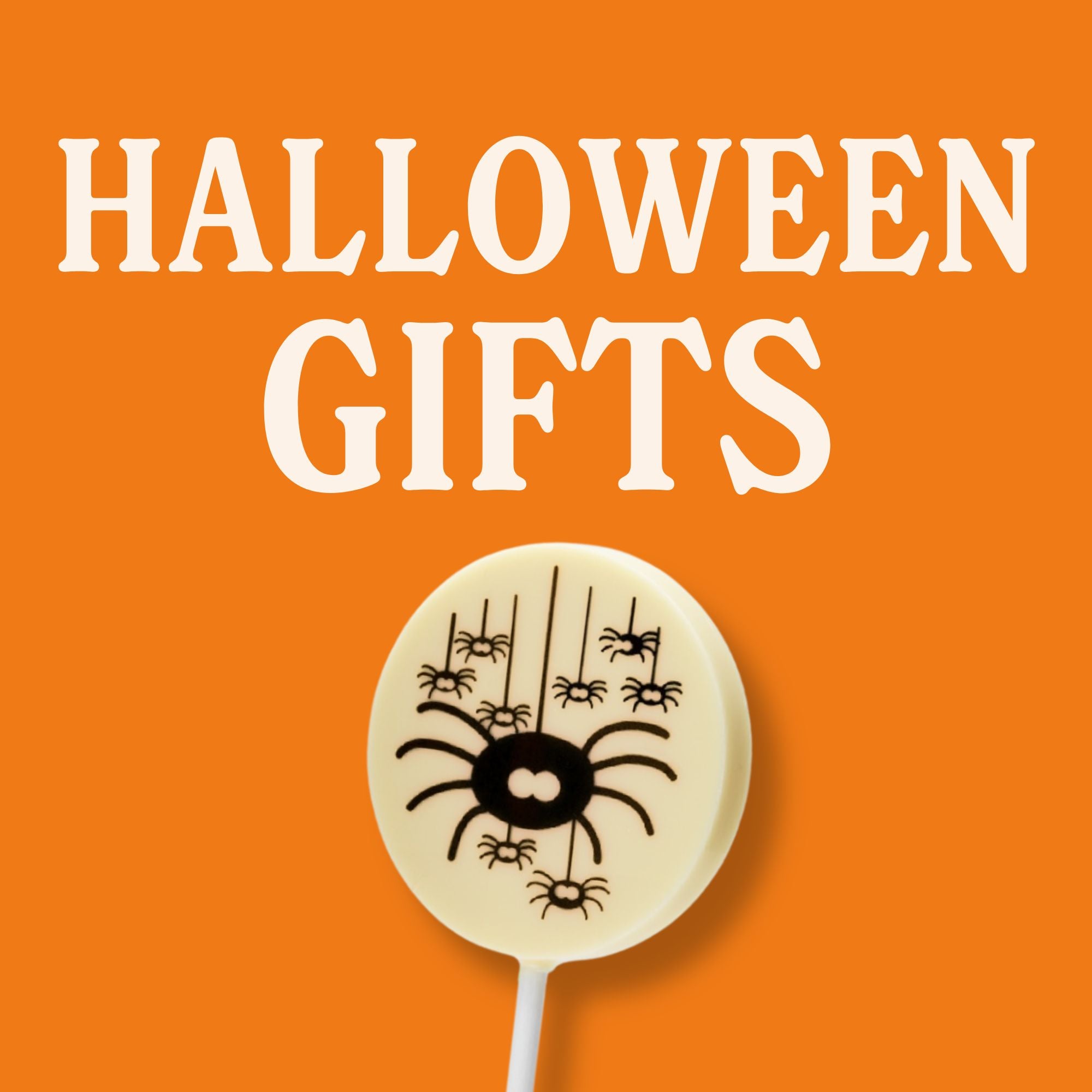 Halloween-themed lollipop with spider design on an orange background, labeled 'Halloween Gifts'.