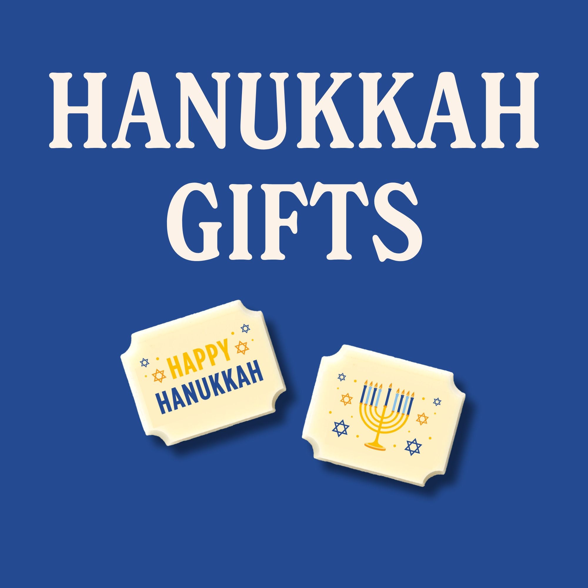 Two luxury white chocolates on a blue background with the words 'Hanukkah Gifts'